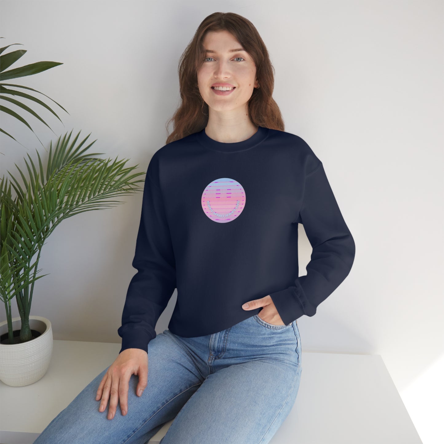 Happy Spirit Happy Life Sweatshirt, VSCO Girl Crewneck, Oversized Retro Font Graphic Tumblr, Front Print Smile Face Trendy Cover Up