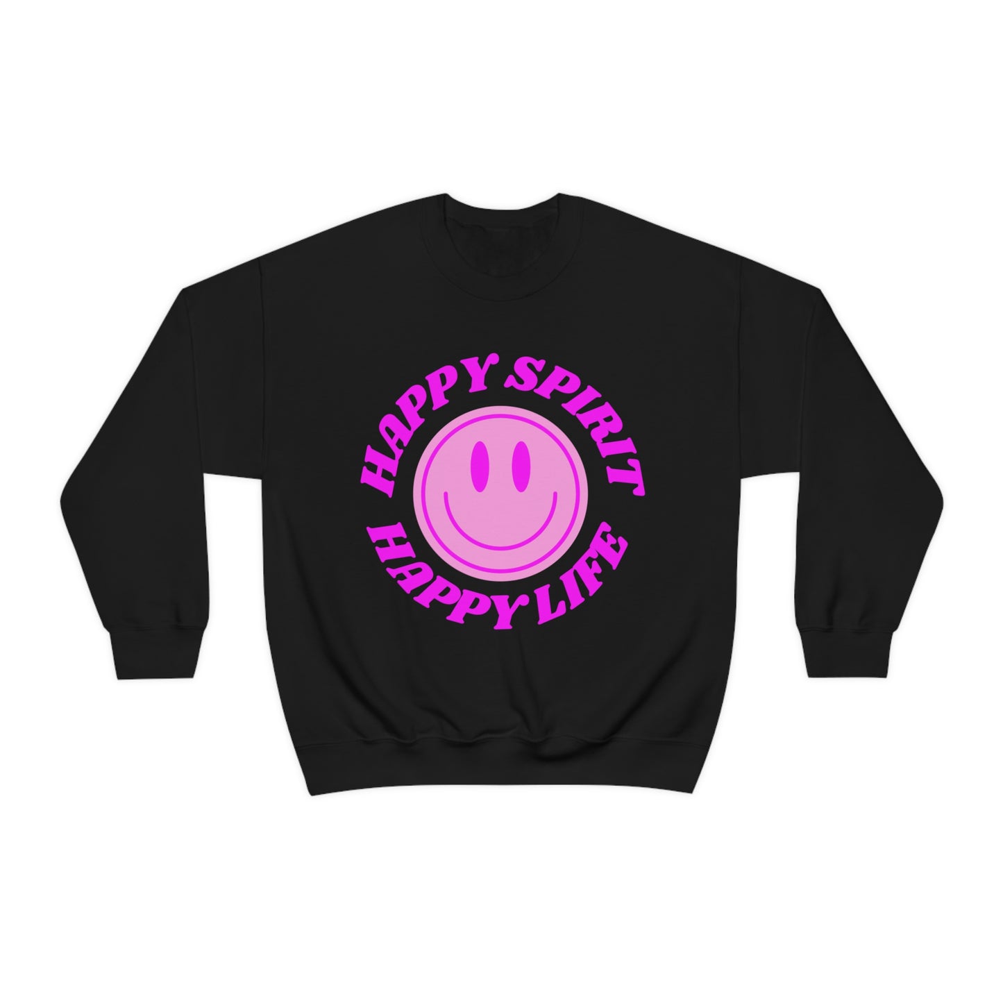 Happy Spirit Happy Life Sweatshirt, VSCO Girl Crewneck, Oversized Retro Font Graphic Tumblr, Front Print Smile Face Trendy Cover Up