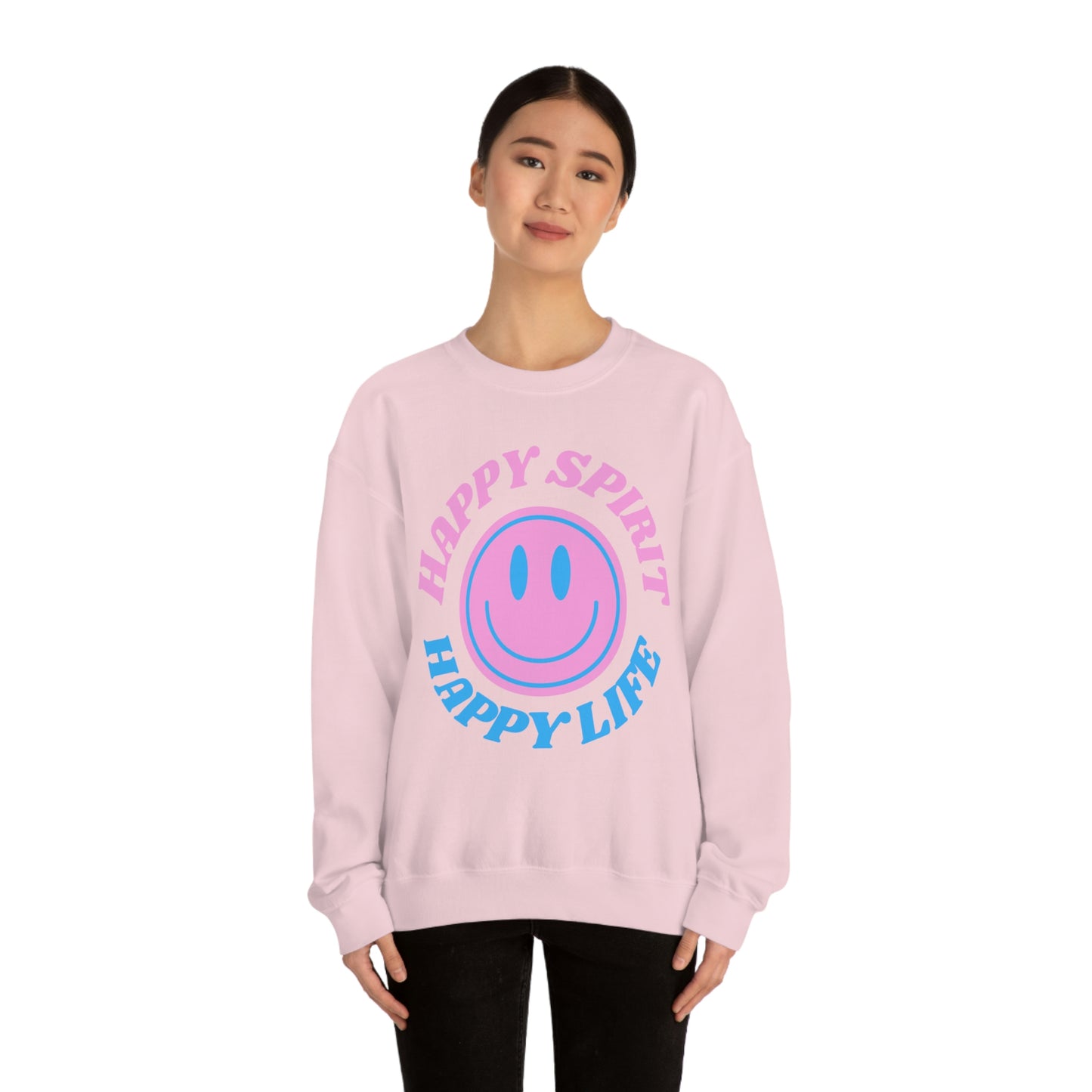 Happy Spirit Happy Life Sweatshirt, VSCO Girl Crewneck, Oversized Retro Font Graphic Tumblr, Front Print Smile Face Trendy Cover Up