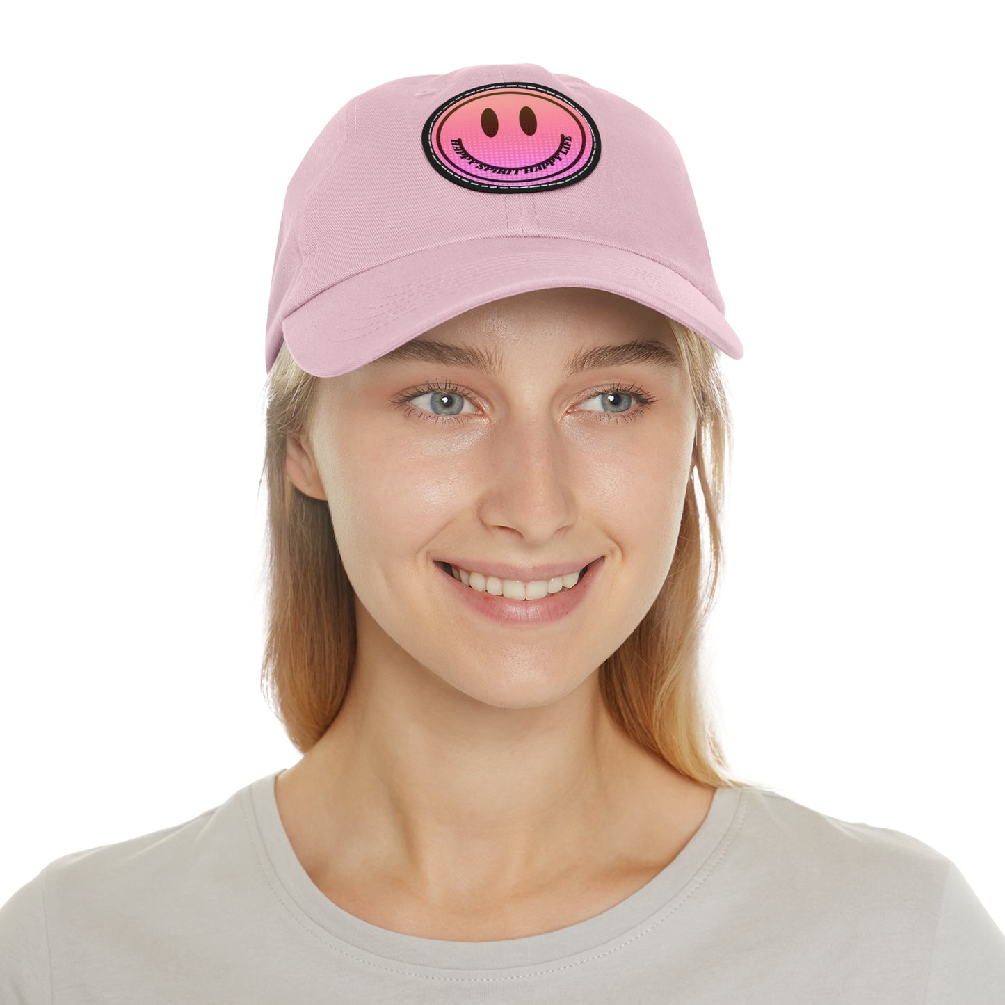 Aesthetic Pink Smile Hat, Pink Twill Dad Hat with Leather Patch (Round), Pink Golf Hat, Pink Twill Cap, Pink Cotton Hat, Pink Baseball Hat