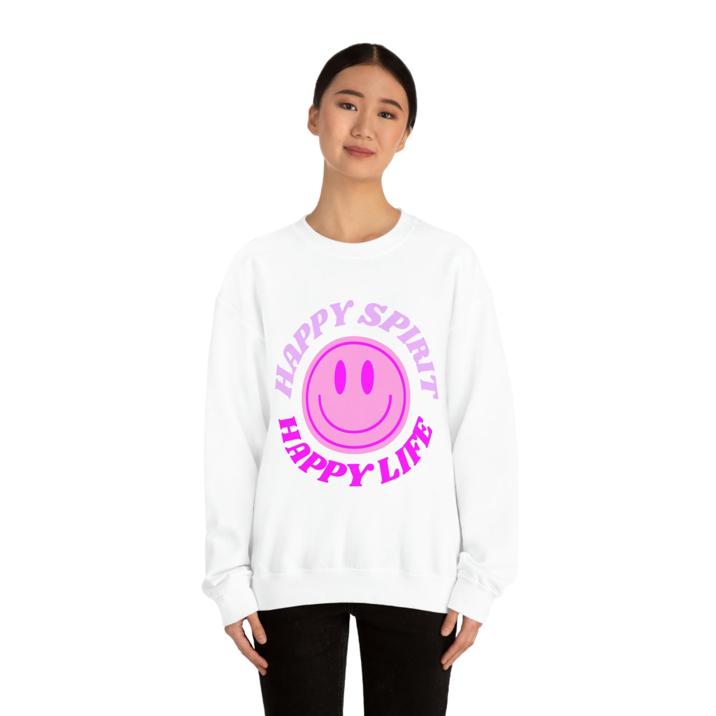 Happy Spirit Happy Life Sweatshirt, VSCO Girl Crewneck, Oversized Retro Font Graphic Tumblr, Front Print Smile Face Trendy Cover Up