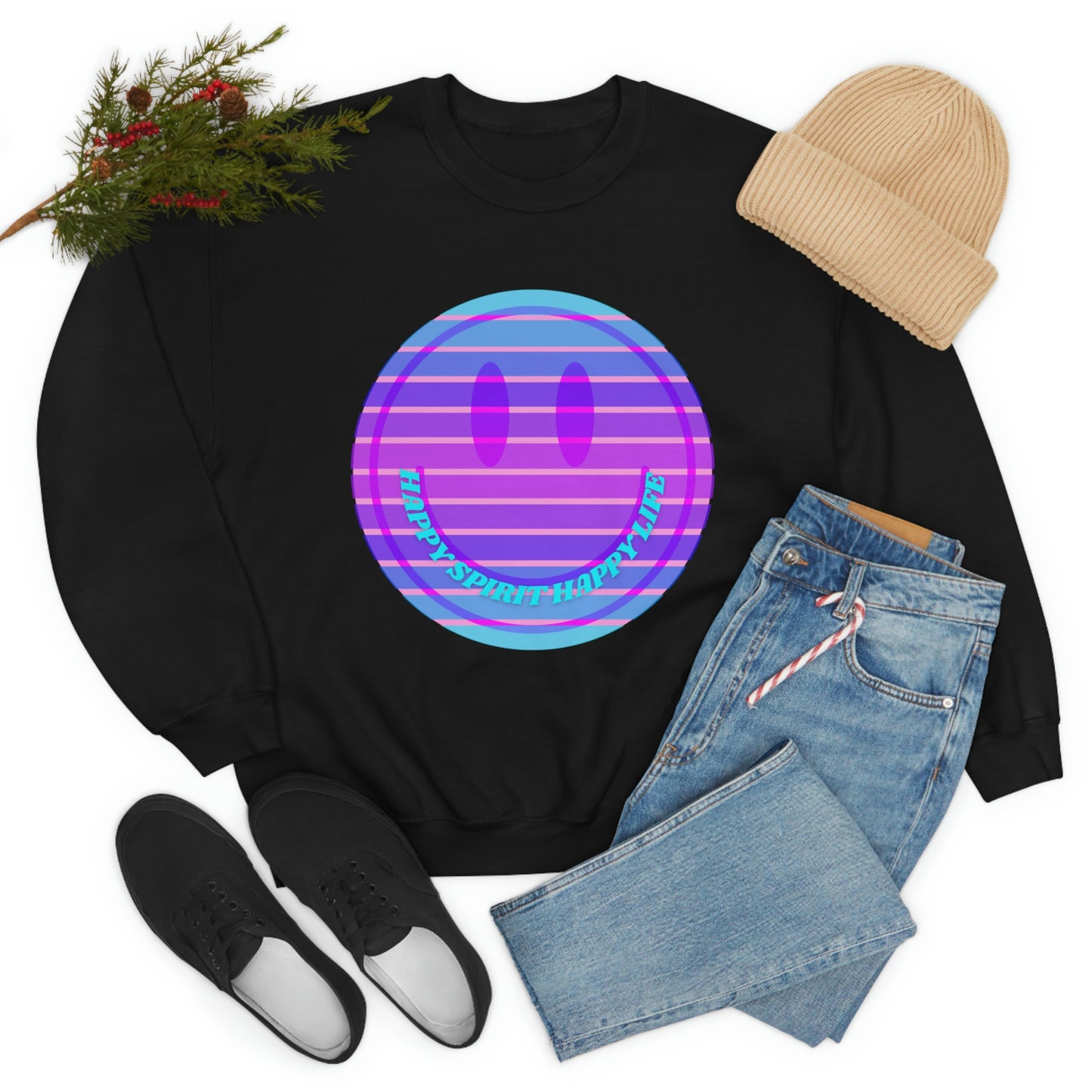 Happy Spirit Happy Life Sweatshirt, VSCO Girl Crewneck, Oversized Retro Font Graphic Tumblr, Front Print Smile Face Trendy Cover Up