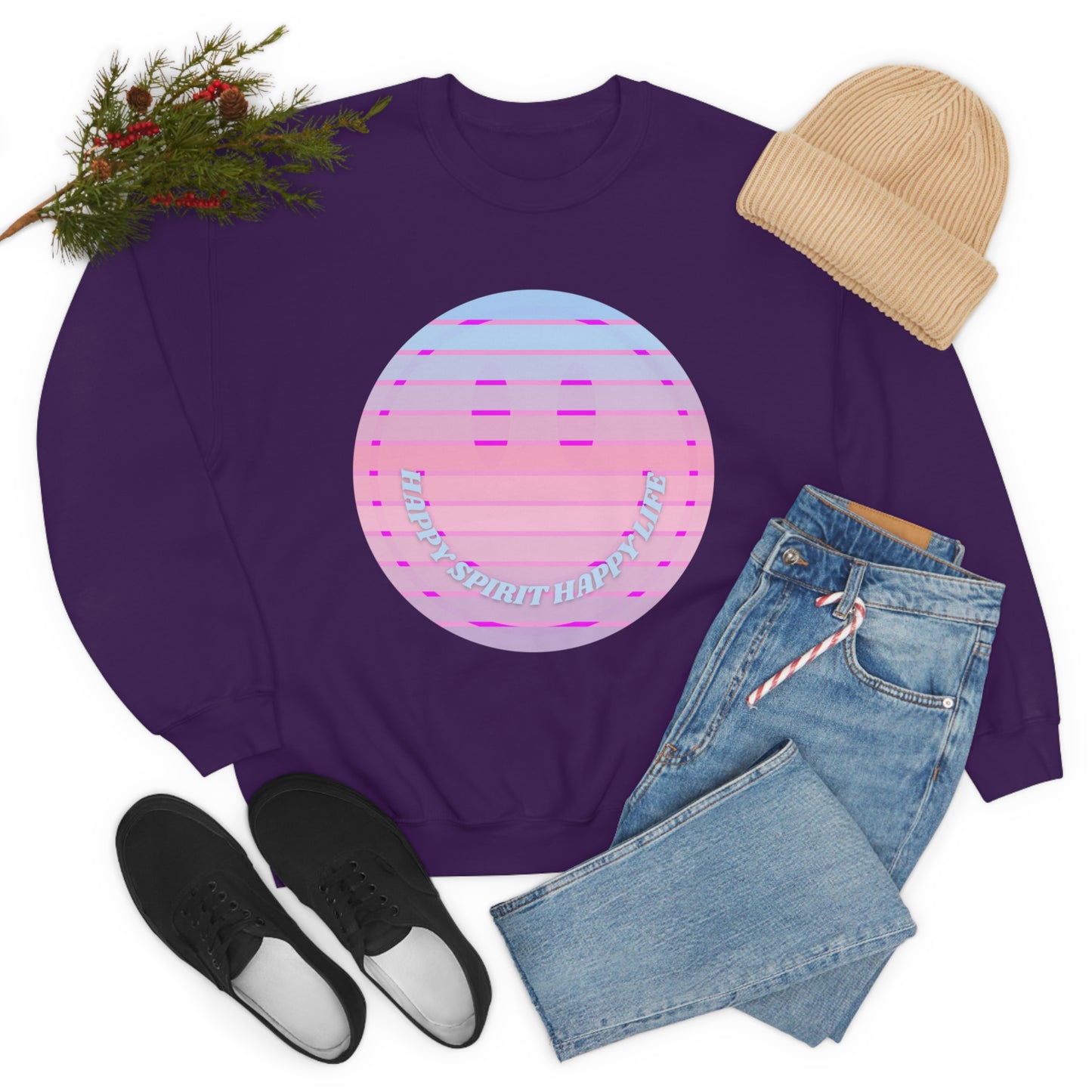 Happy Spirit Happy Life Sweatshirt, VSCO Girl Crewneck, Oversized Retro Font Graphic Tumblr, Front Print Smile Face Trendy Cover Up