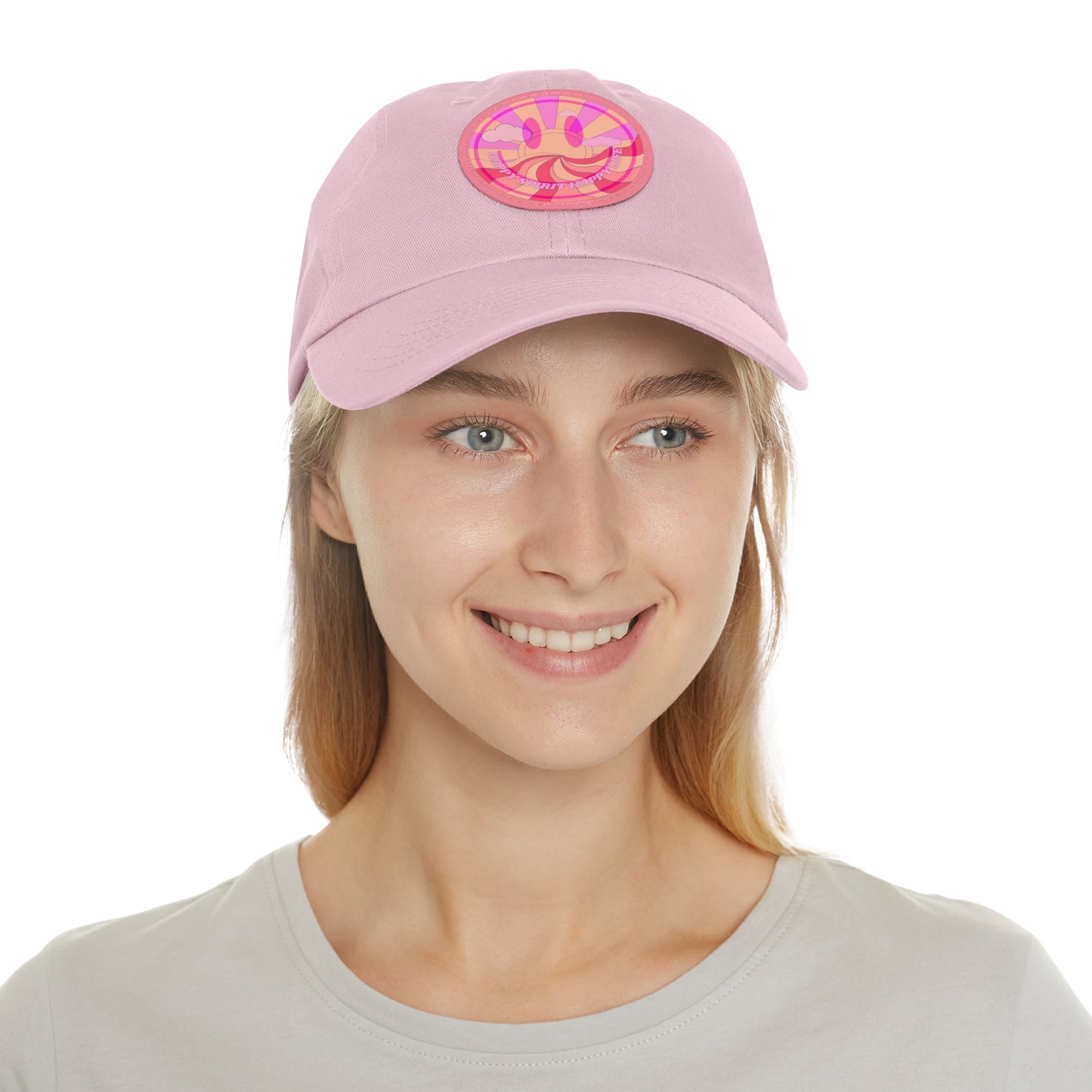 Aesthetic Pink Smile Hat, Pink Twill Dad Hat with Leather Patch (Round), Pink Golf Hat, Pink Twill Cap, Pink Cotton Hat, Pink Baseball Hat