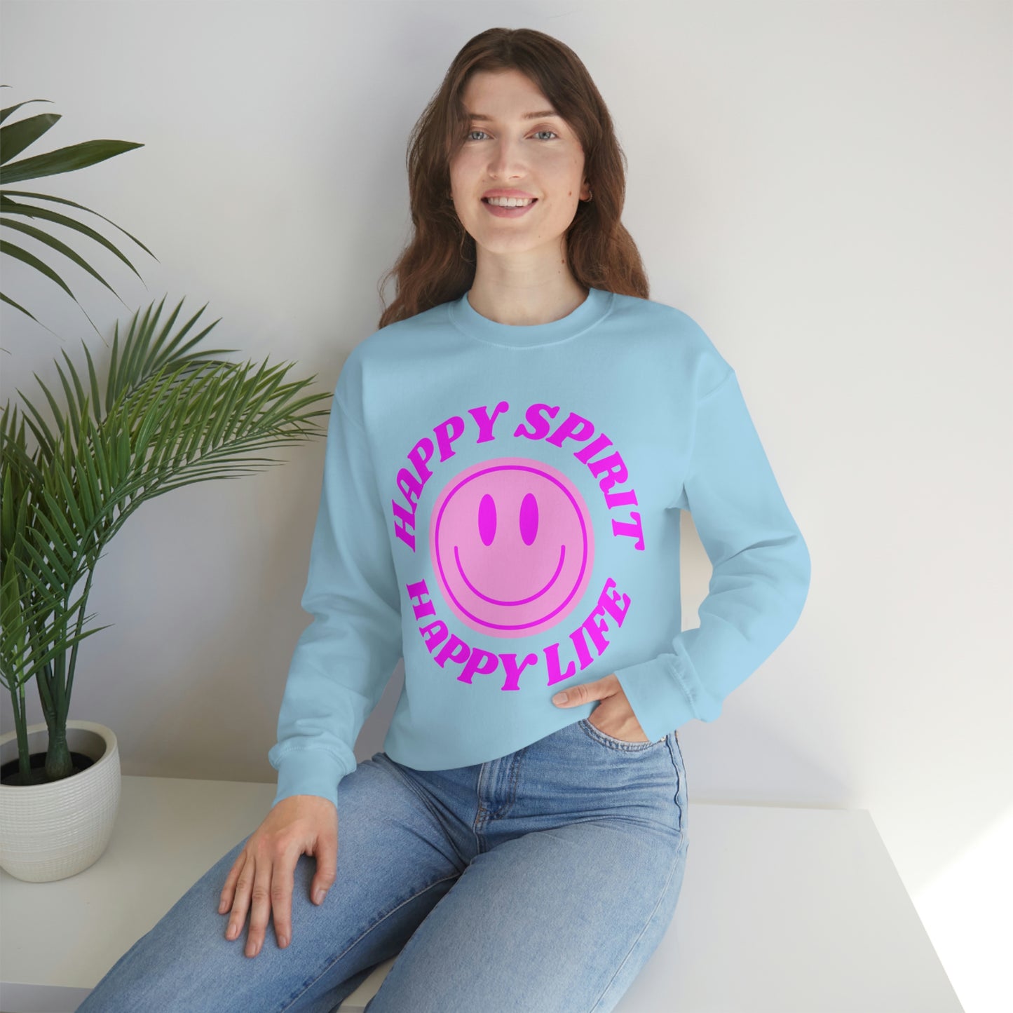 Happy Spirit Happy Life Sweatshirt, VSCO Girl Crewneck, Oversized Retro Font Graphic Tumblr, Front Print Smile Face Trendy Cover Up