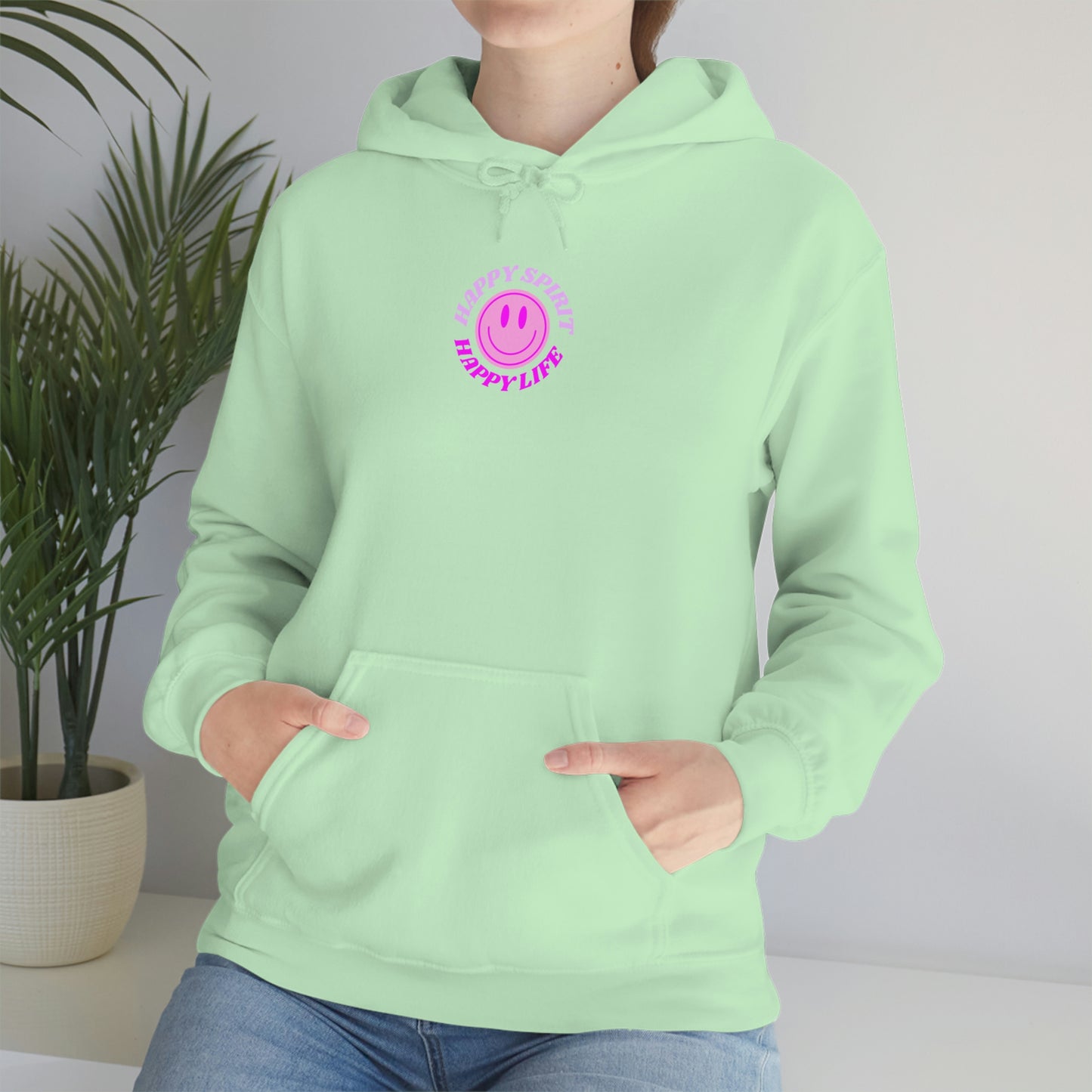 Happy Spirit Happy Life Hoodie Gildan VSCO Girl Sweatshirt, Oversized Tumblr Front Back Print Smile Happy Mind Trendy Retro Font Cover Up