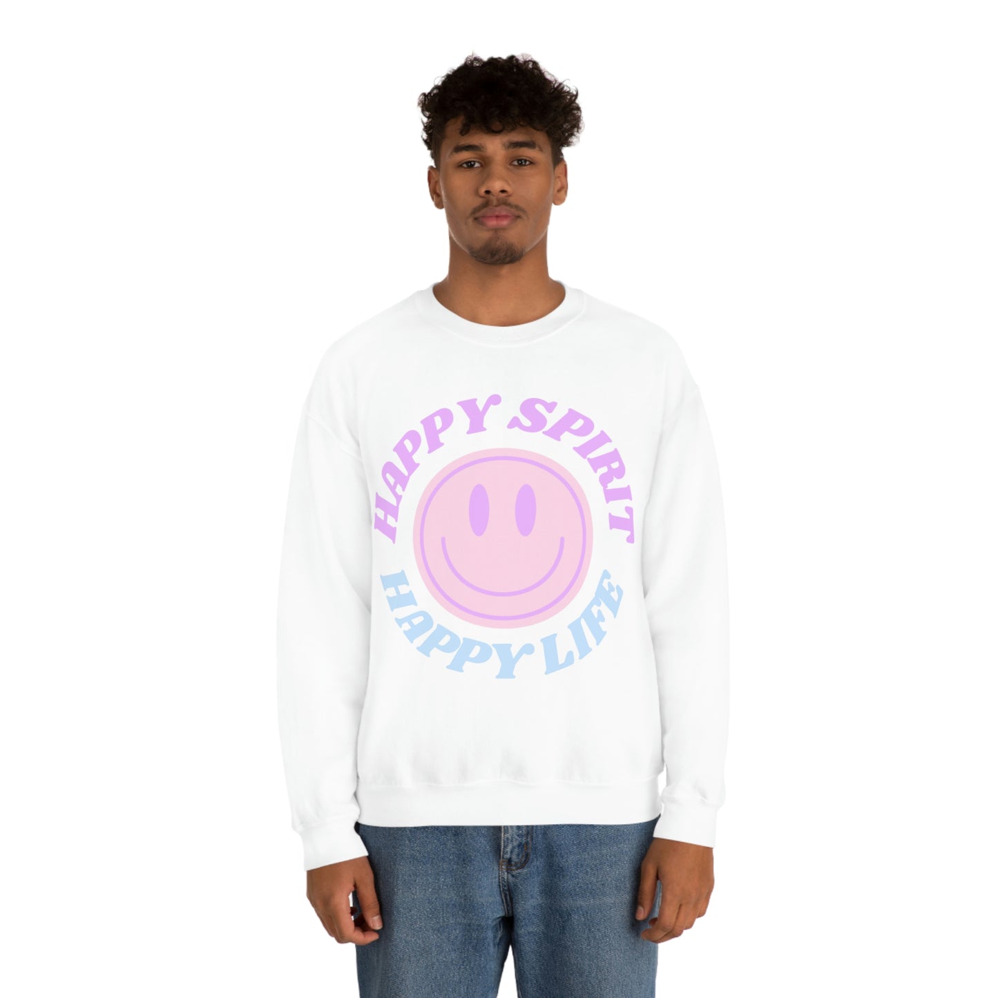 Happy Spirit Happy Life Sweatshirt, VSCO Girl Crewneck, Oversized Retro Font Graphic Tumblr, Front Print Smile Face Trendy Cover Up