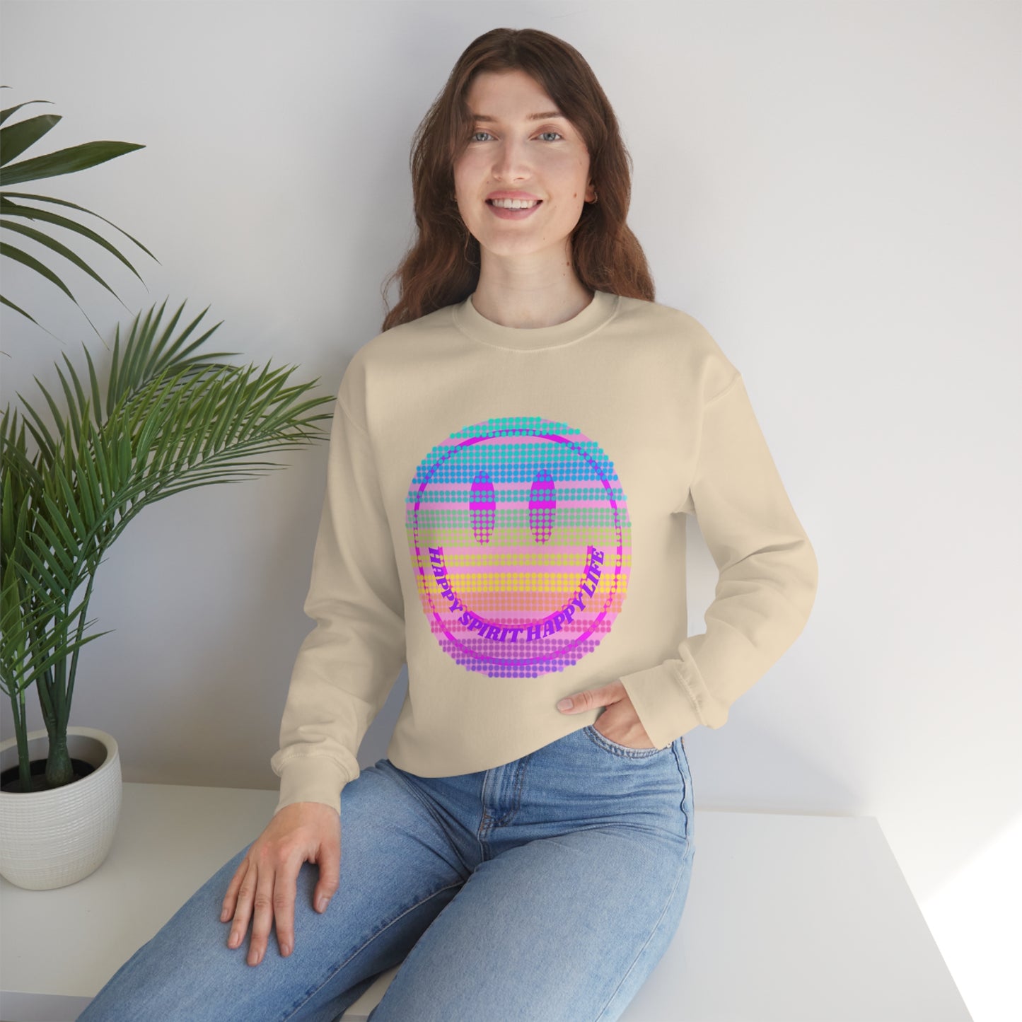Happy Spirit Happy Life Sweatshirt, VSCO Girl Crewneck, Oversized Retro Font Graphic Tumblr, Front Print Smile Face Trendy Cover Up