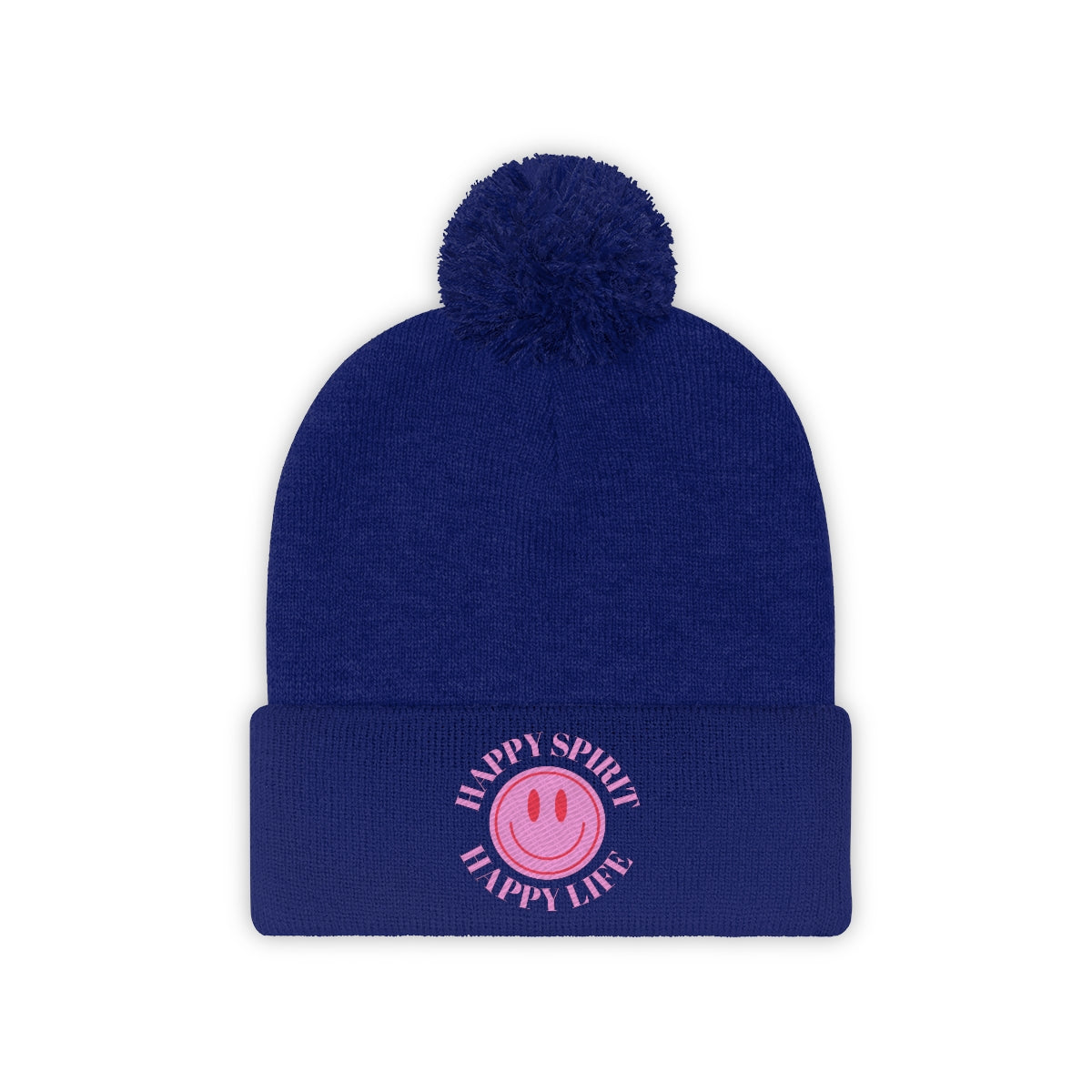 Happy Spirit Happy Life Pom Pom Beanie, Pink Smile Face Skull Cap, Aesthetic Pink Smile Winter Wool Hat