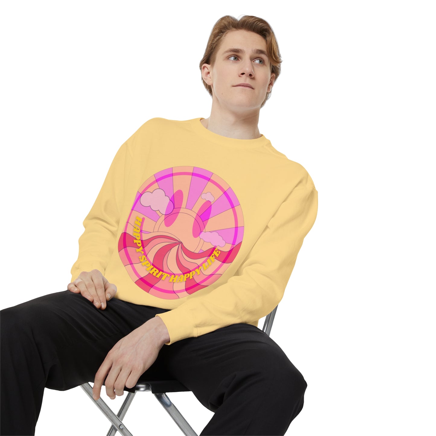 Aesthetic Smile Hoodie, Smile Face Comfort Colors Crewneck, Happy Spirit Happy Life Sunset Smile Sweatshirt, Unisex Garment-Dyed Sweatshirt