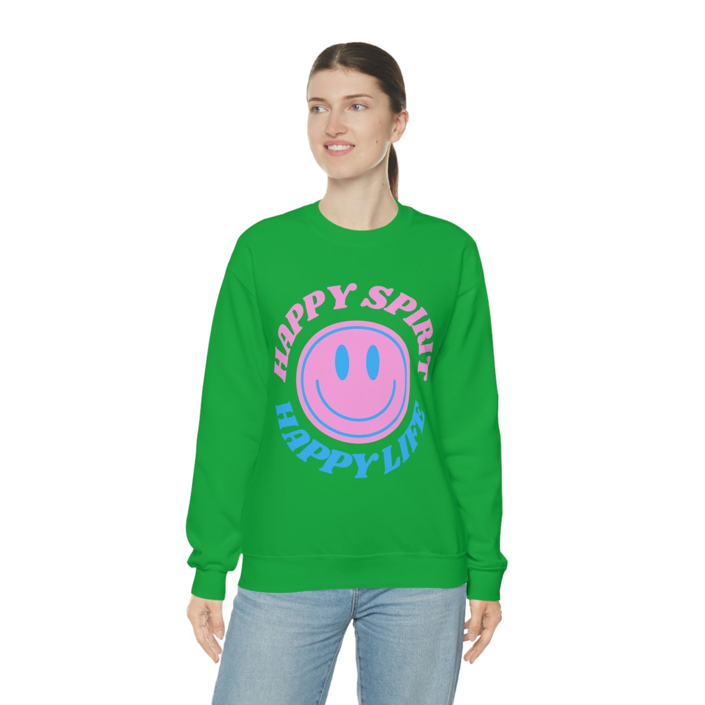 Happy Spirit Happy Life Sweatshirt, VSCO Girl Crewneck, Oversized Retro Font Graphic Tumblr, Front Print Smile Face Trendy Cover Up