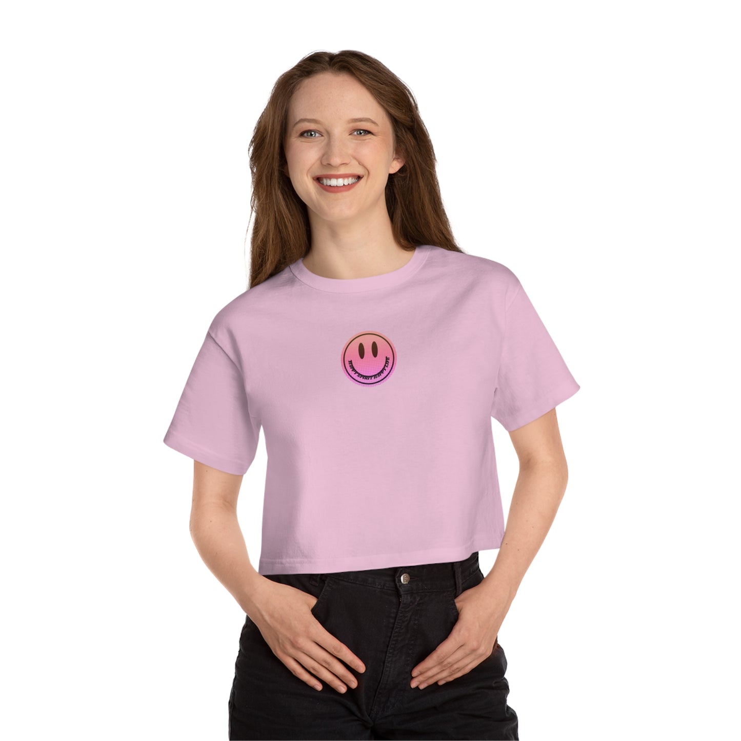Aesthetic Smile Face Crop Shirt, Happy Spirit Happy Life Cropped Shirt, Smile Pink Sunset Ombre Champion Women's Heritage Cropped T-Shirt
