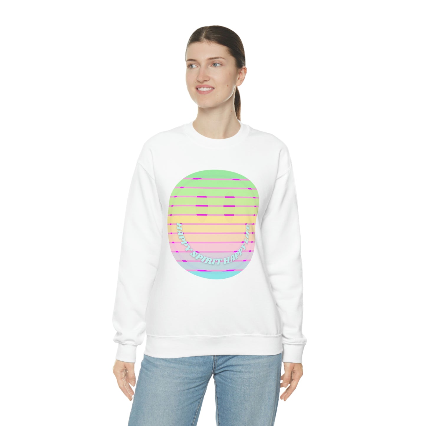Happy Spirit Happy Life Sweatshirt, VSCO Girl Crewneck, Oversized Retro Font Graphic Tumblr, Front Print Smile Face Trendy Cover Up