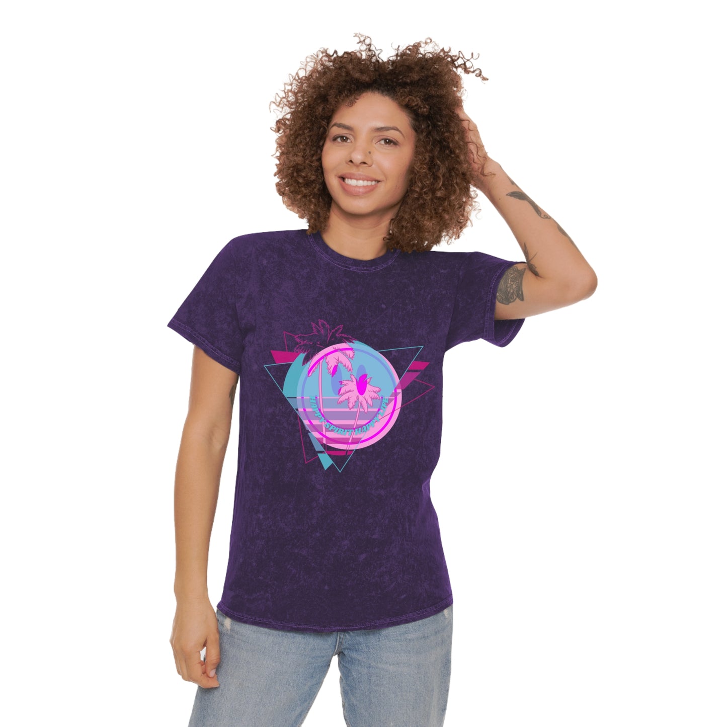 Aesthetic Retro T-Shirt, Smile Face Palm Trees Mineral Wash Shirt, Vintage Style Shirt, 80s style shirt, Pink Smile Unisex Mineral Wash Tee