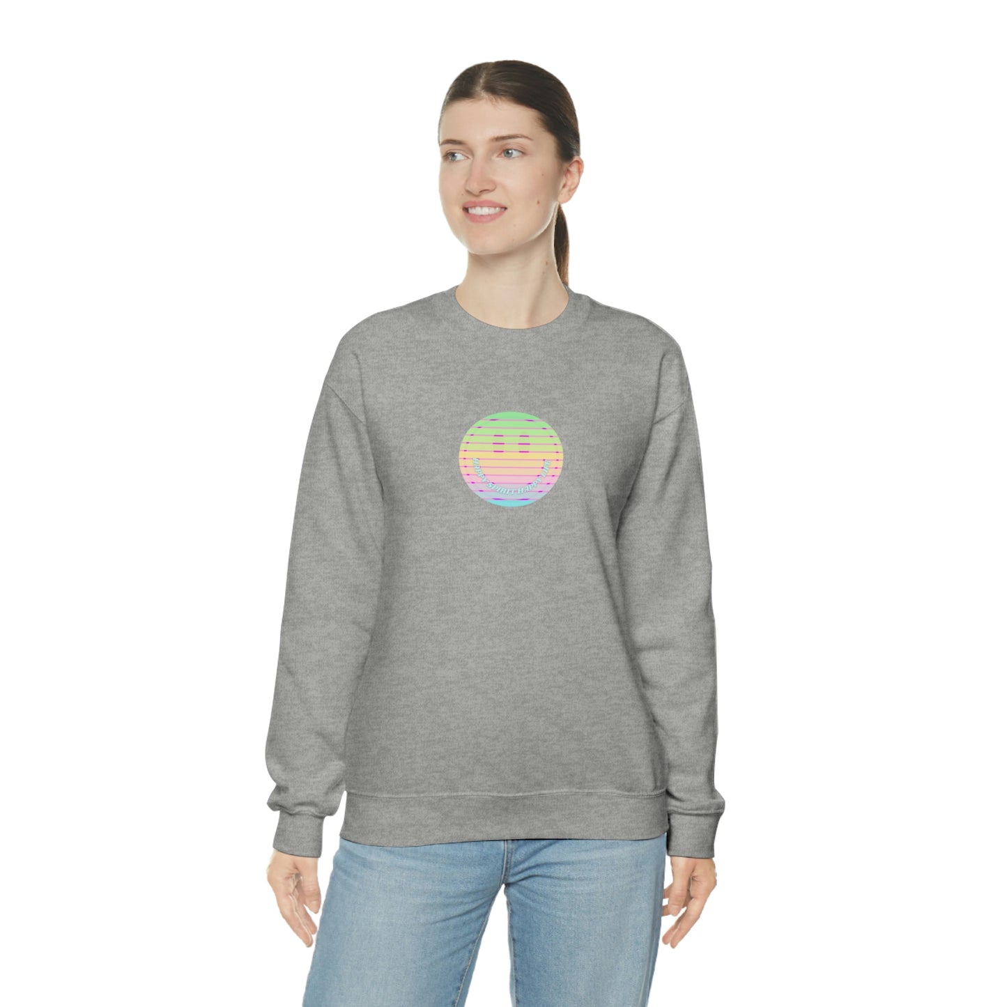 Happy Spirit Happy Life Sweatshirt, VSCO Girl Crewneck, Oversized Retro Font Graphic Tumblr, Front Print Smile Face Trendy Cover Up