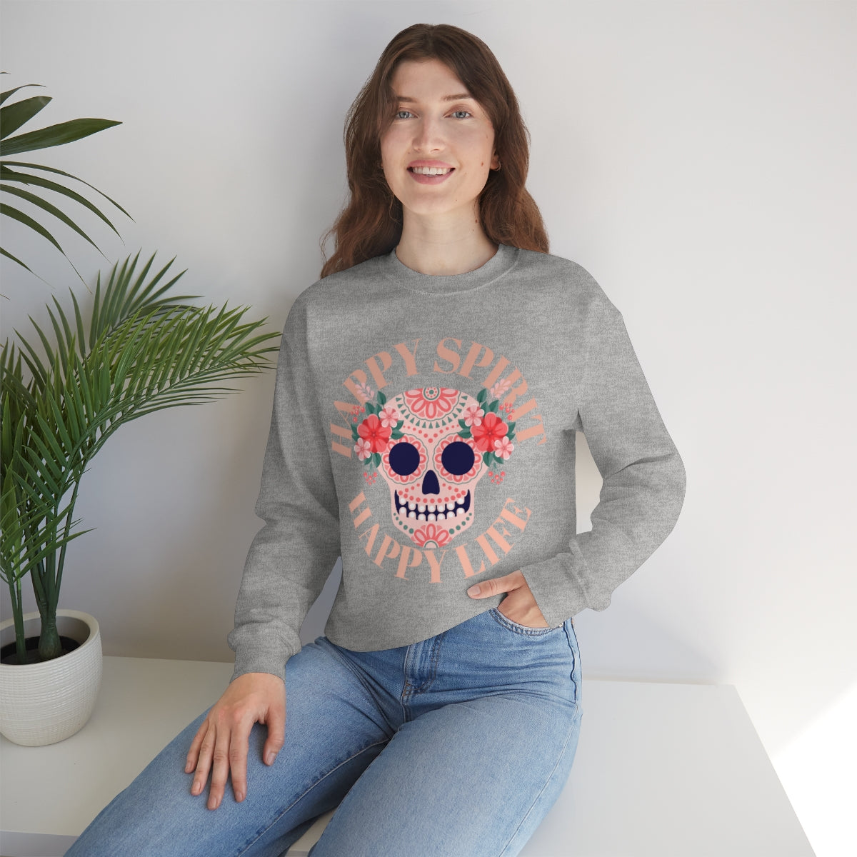 Dia De Los Muertos Crewneck Sweatshirt, Day of the Dead Gift, Happy Spirit Happy Life, Honoring the Dead Aesthetic Candy Skull, Sugar Skull