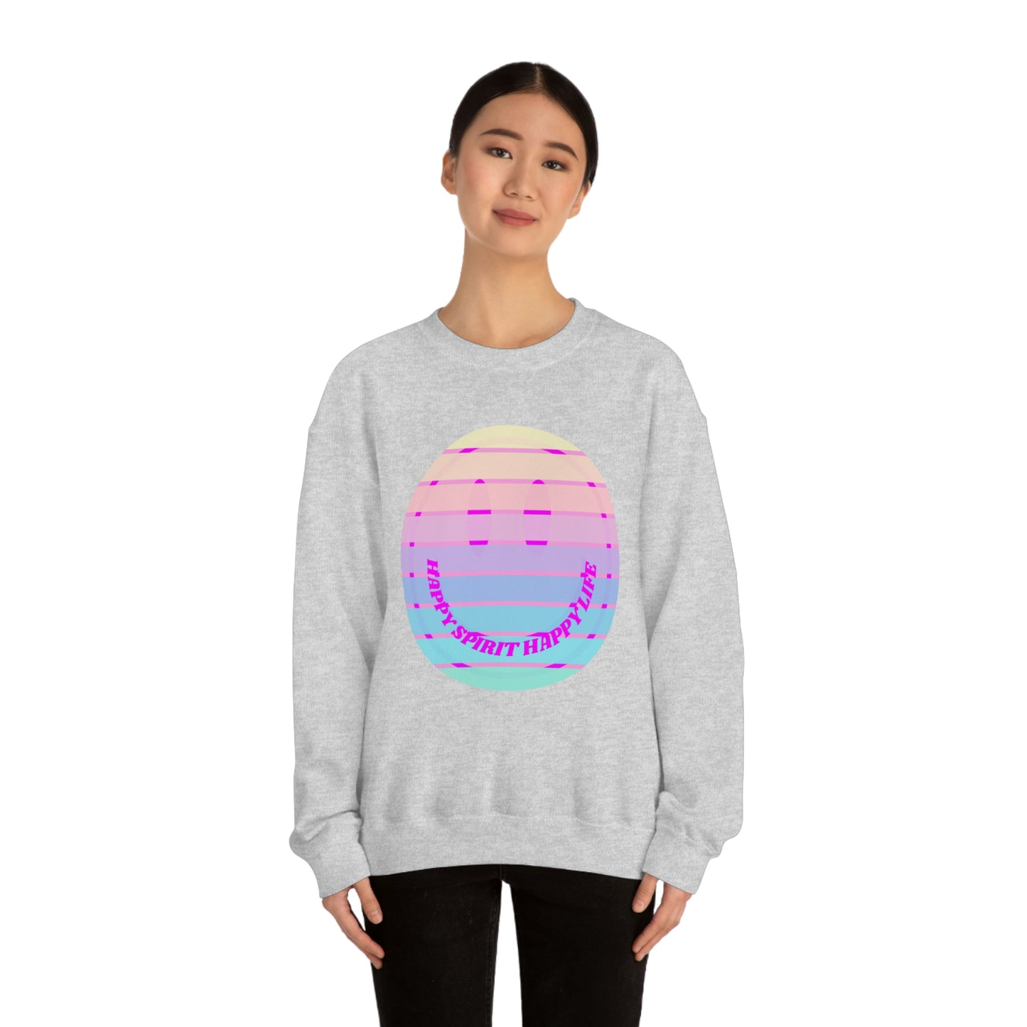 Happy Spirit Happy Life Sweatshirt, VSCO Girl Crewneck, Oversized Retro Font Graphic Tumblr, Front Print Smile Face Trendy Cover Up
