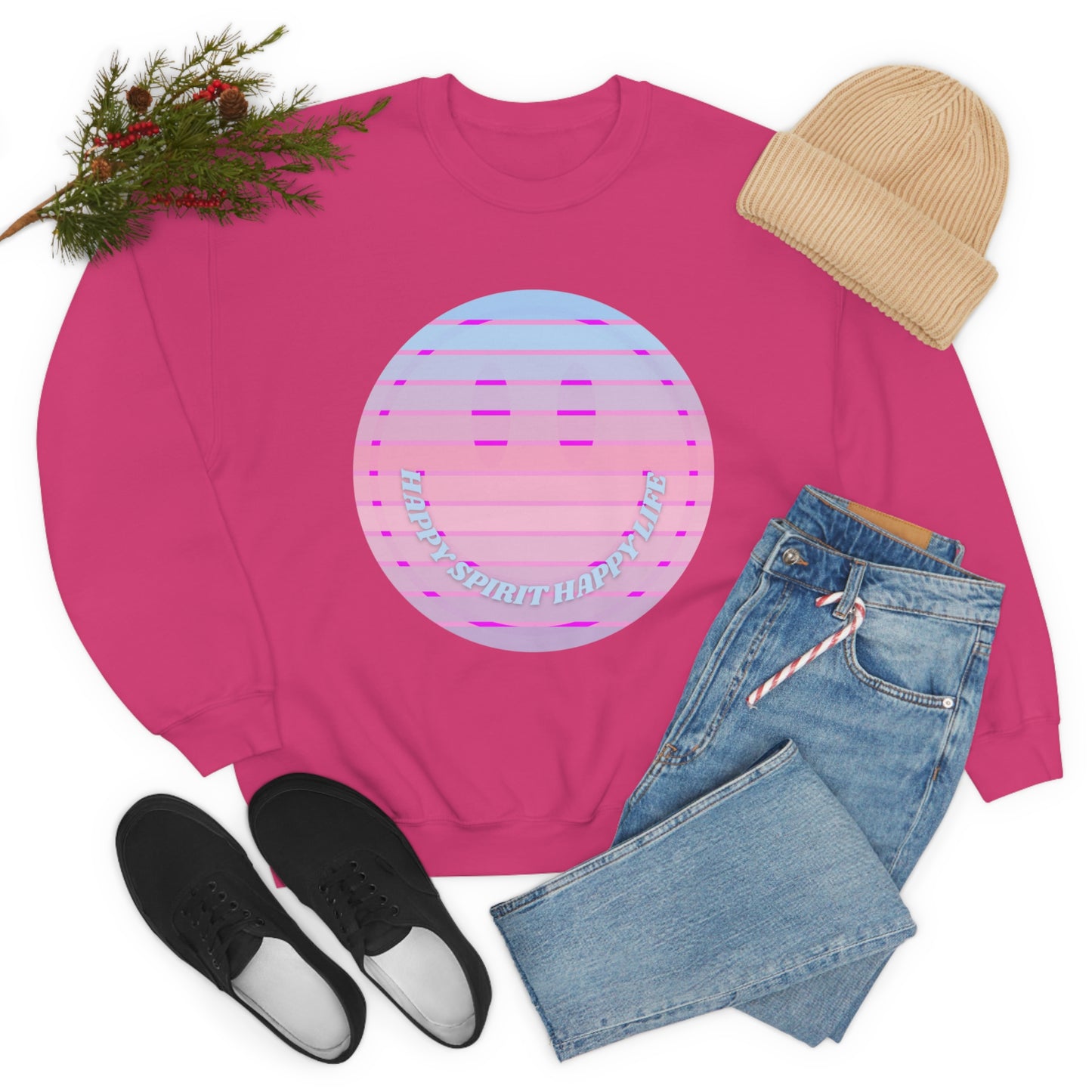 Happy Spirit Happy Life Sweatshirt, VSCO Girl Crewneck, Oversized Retro Font Graphic Tumblr, Front Print Smile Face Trendy Cover Up