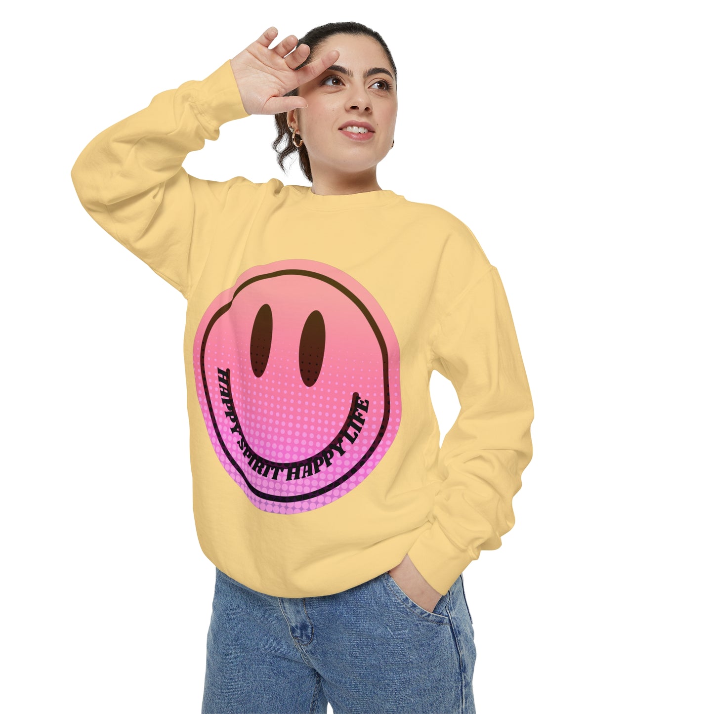 Aesthetic Smile Hoodie, Smile Face Comfort Colors Crewneck, Happy Spirit Happy Life Sunset Smile Sweatshirt, Unisex Garment-Dyed Sweatshirt