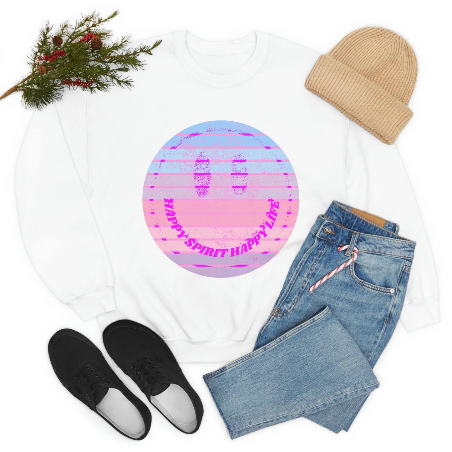 Happy Spirit Happy Life Sweatshirt, VSCO Girl Crewneck, Oversized Retro Font Graphic Tumblr, Front Print Smile Face Trendy Cover Up