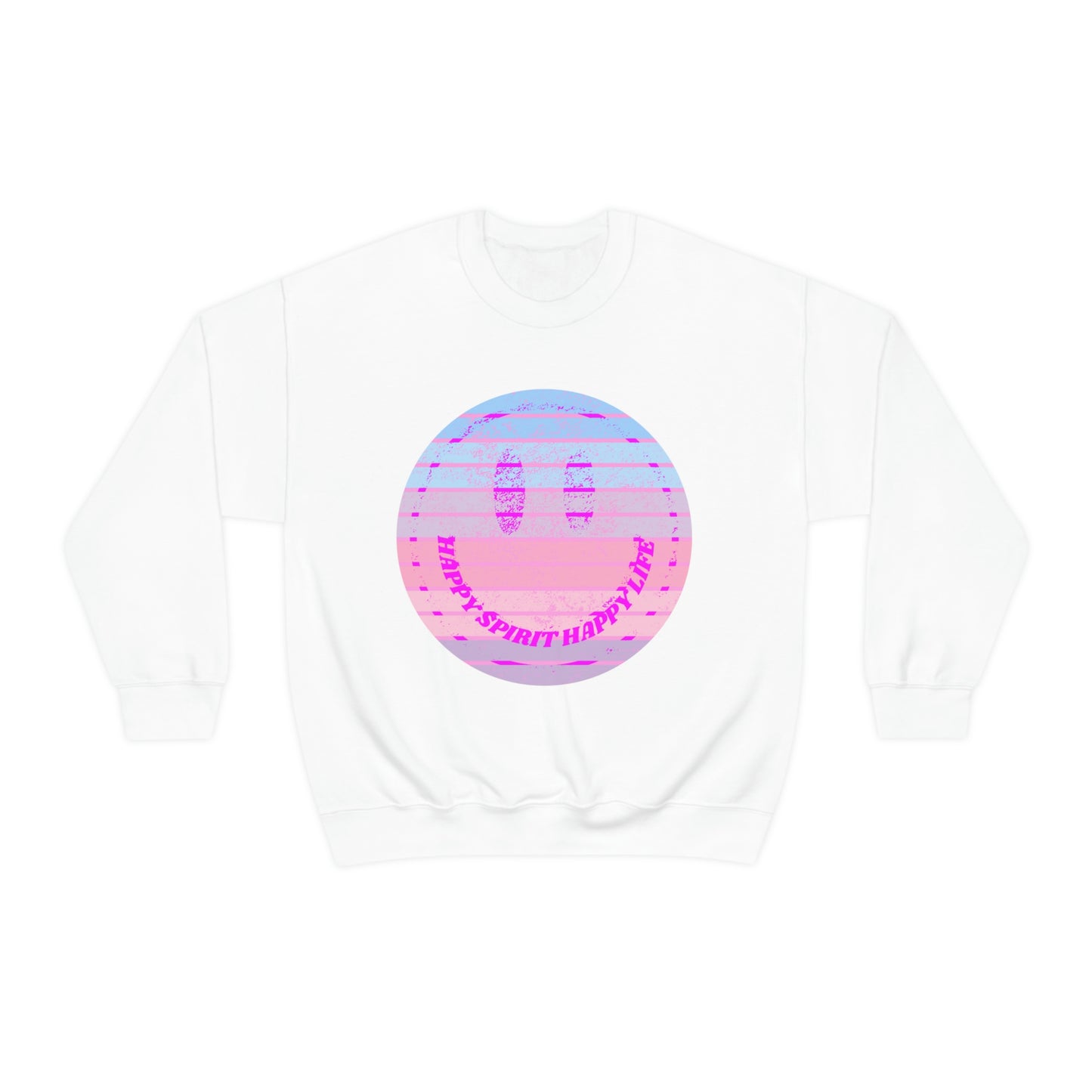 Happy Spirit Happy Life Sweatshirt, VSCO Girl Crewneck, Oversized Retro Font Graphic Tumblr, Front Print Smile Face Trendy Cover Up