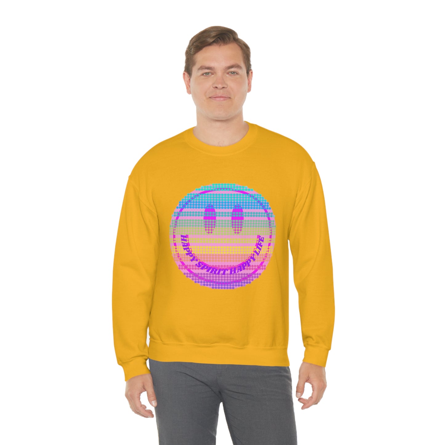 Happy Spirit Happy Life Sweatshirt, VSCO Girl Crewneck, Oversized Retro Font Graphic Tumblr, Front Print Smile Face Trendy Cover Up