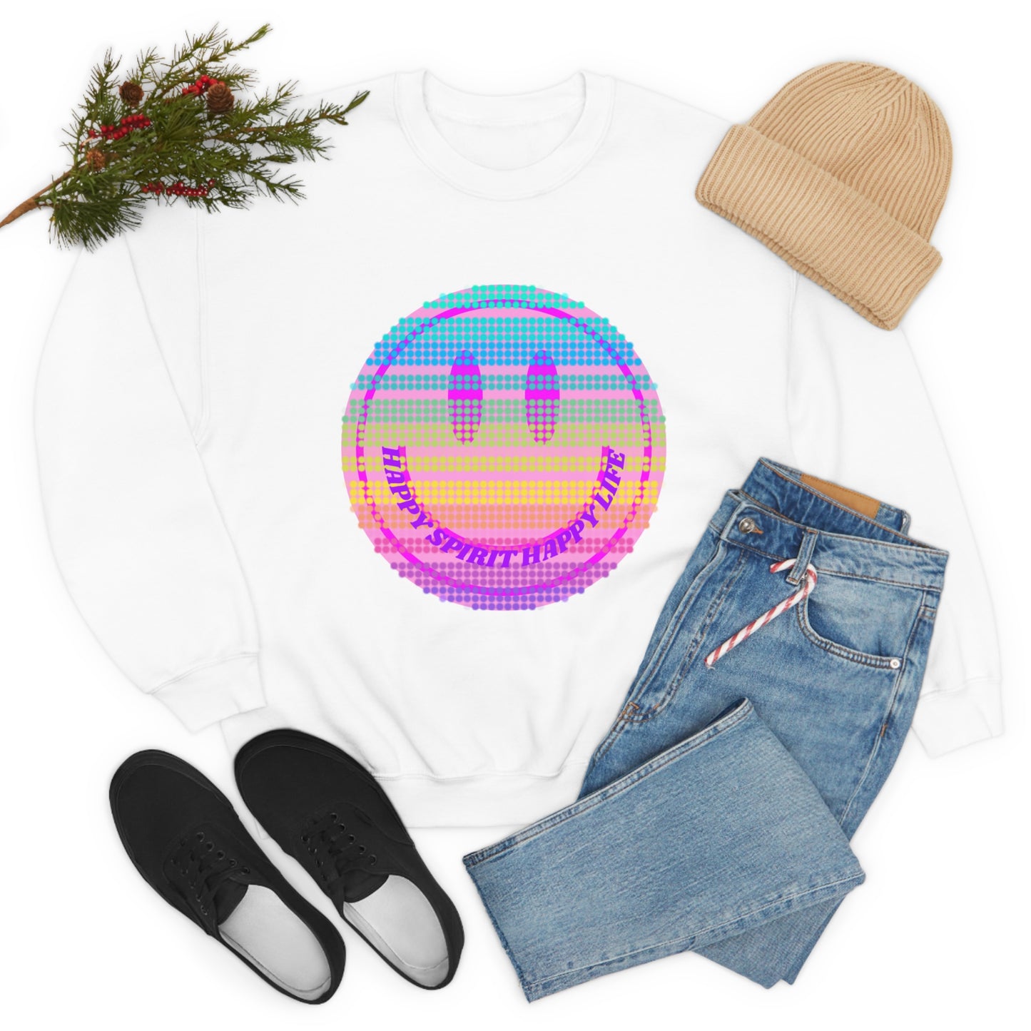 Happy Spirit Happy Life Sweatshirt, VSCO Girl Crewneck, Oversized Retro Font Graphic Tumblr, Front Print Smile Face Trendy Cover Up