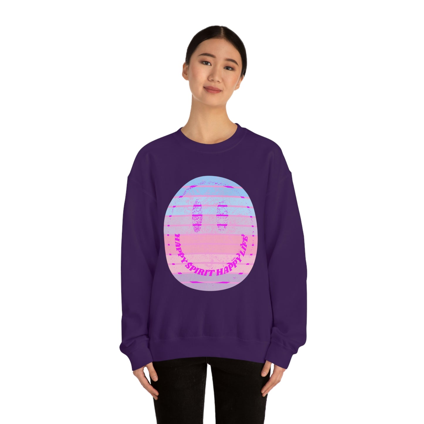 Happy Spirit Happy Life Sweatshirt, VSCO Girl Crewneck, Oversized Retro Font Graphic Tumblr, Front Print Smile Face Trendy Cover Up