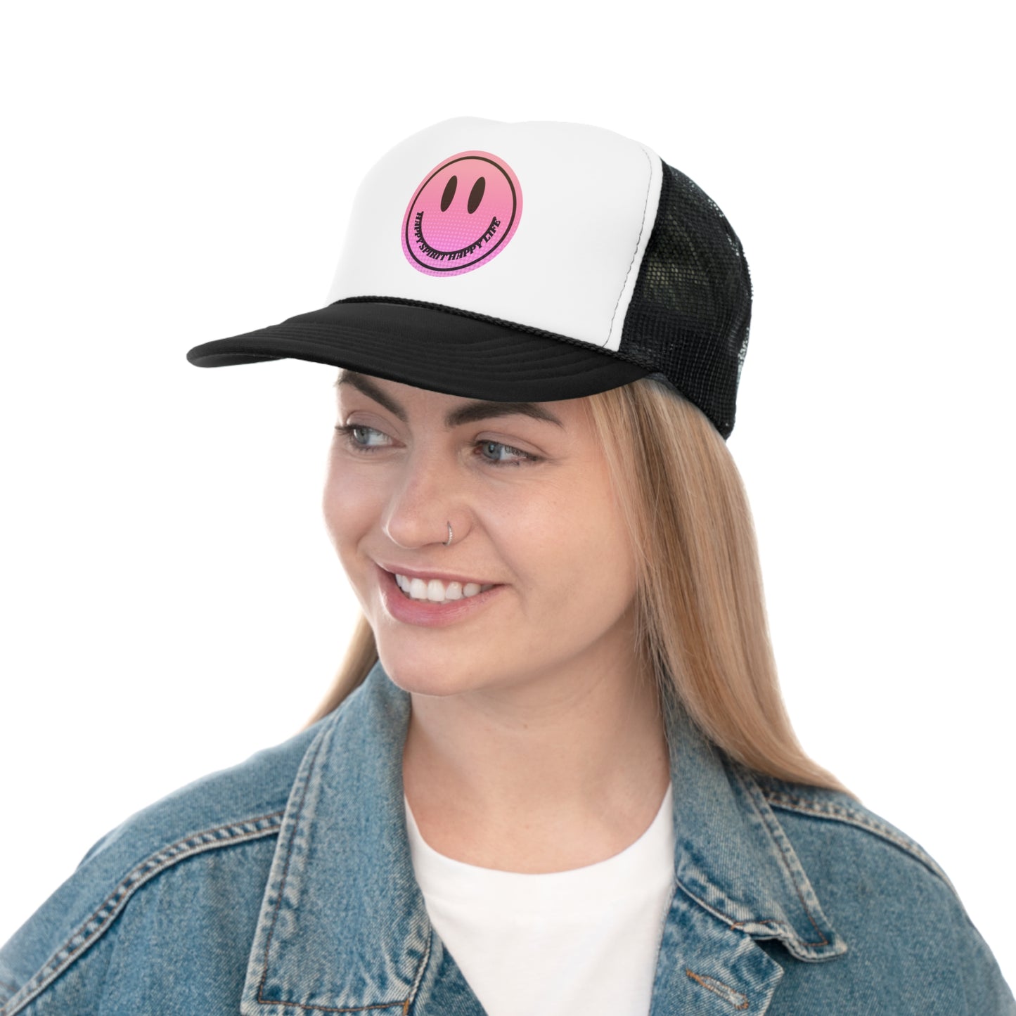 Hat Happy Spirit Happy Life, Aesthetic Sunset Hat, Smile Tumblr Hat, Trendy Trucker Hat, Vsco Girl, Pink Graphic Trucker Hat, Baseball Hat