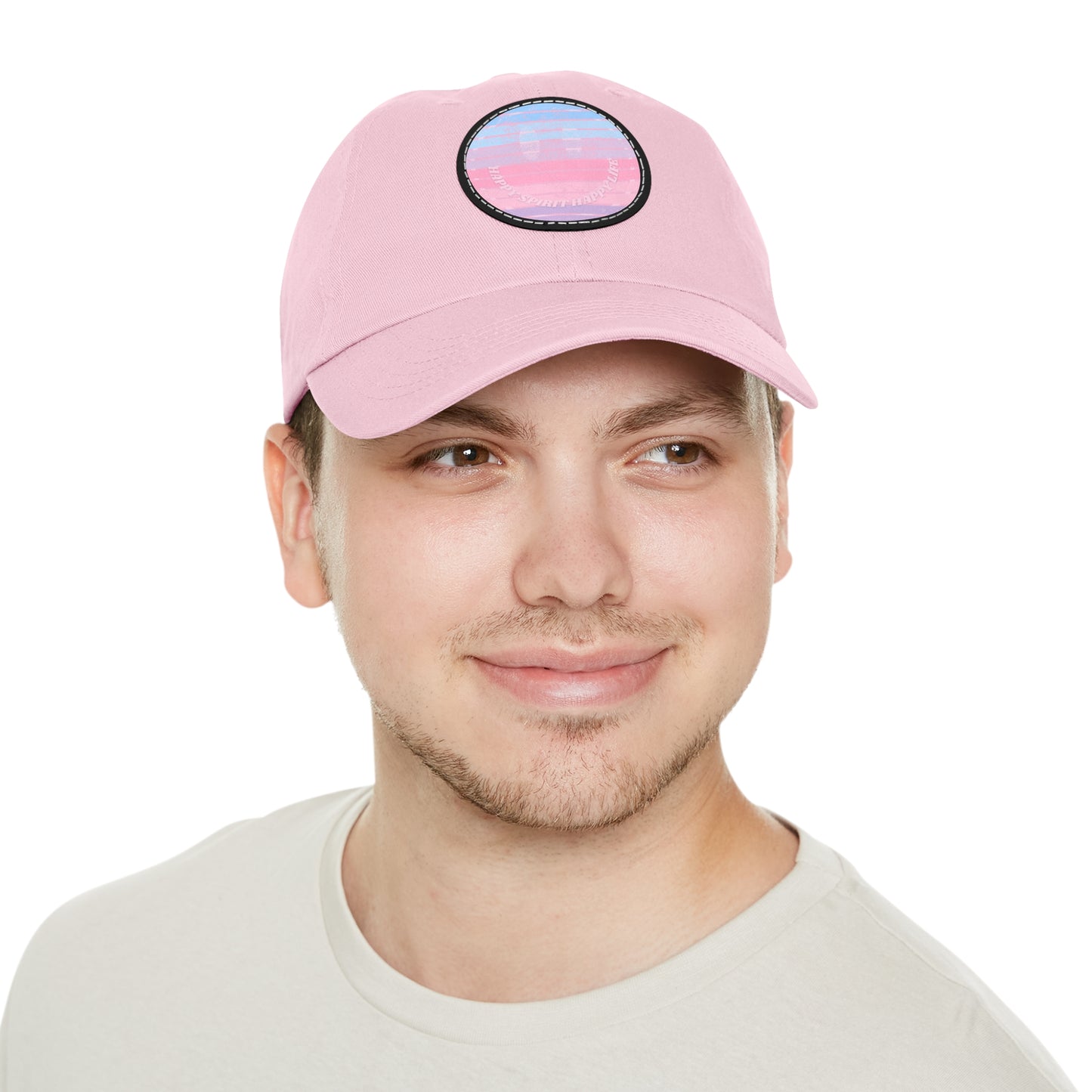 Aesthetic Pink Smile Hat, Pink Twill Dad Hat with Leather Patch (Round), Pink Golf Hat, Pink Twill Cap, Pink Cotton Hat, Pink Baseball Hat