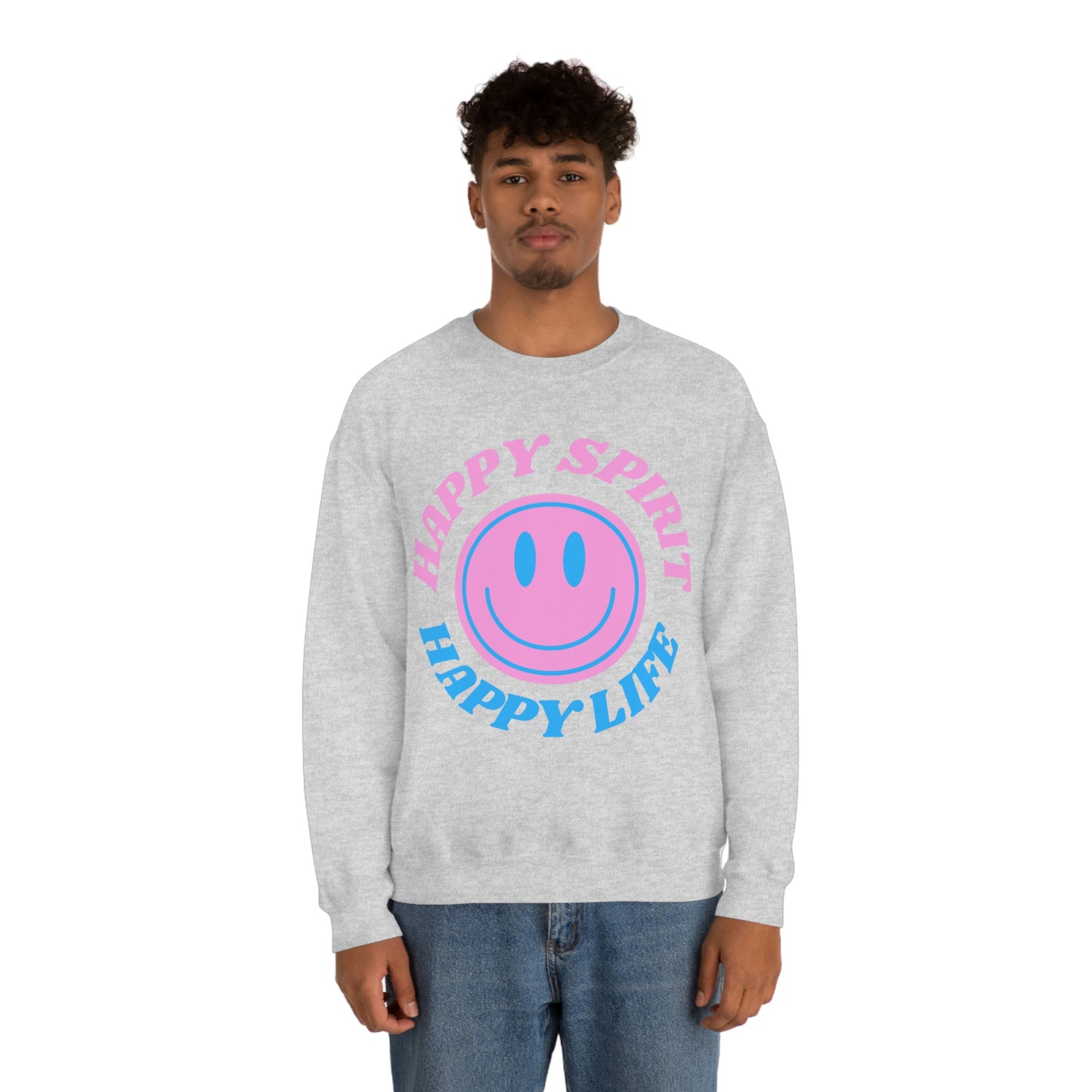 Happy Spirit Happy Life Sweatshirt, VSCO Girl Crewneck, Oversized Retro Font Graphic Tumblr, Front Print Smile Face Trendy Cover Up