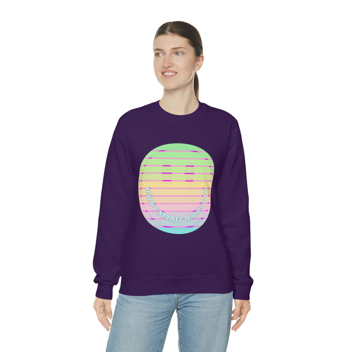 Happy Spirit Happy Life Sweatshirt, VSCO Girl Crewneck, Oversized Retro Font Graphic Tumblr, Front Print Smile Face Trendy Cover Up