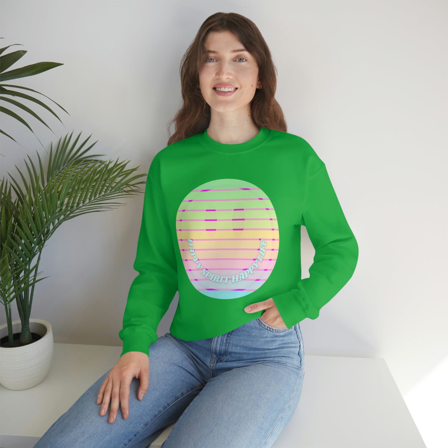 Happy Spirit Happy Life Sweatshirt, VSCO Girl Crewneck, Oversized Retro Font Graphic Tumblr, Front Print Smile Face Trendy Cover Up