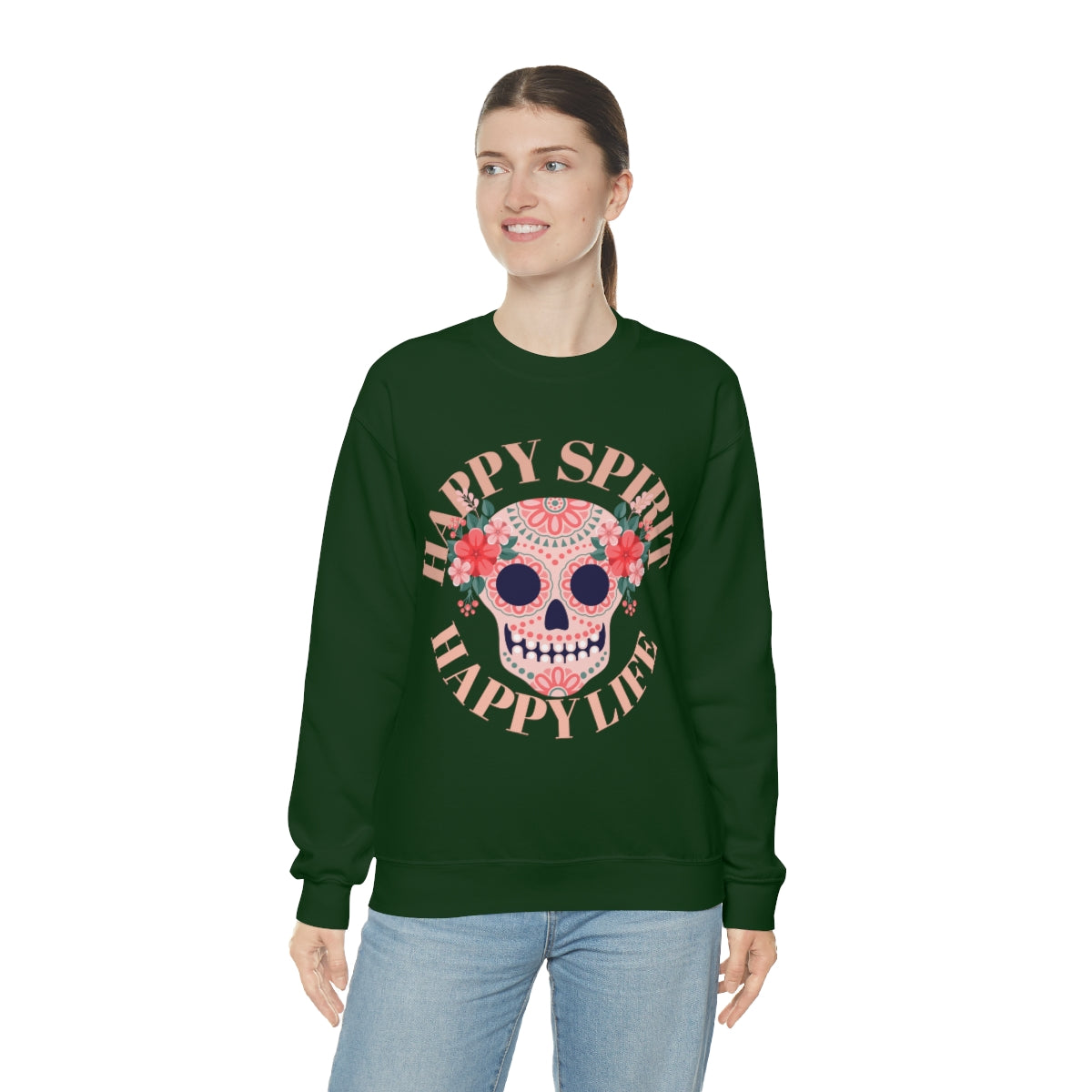 Dia De Los Muertos Crewneck Sweatshirt, Day of the Dead Gift, Happy Spirit Happy Life, Honoring the Dead Aesthetic Candy Skull, Sugar Skull