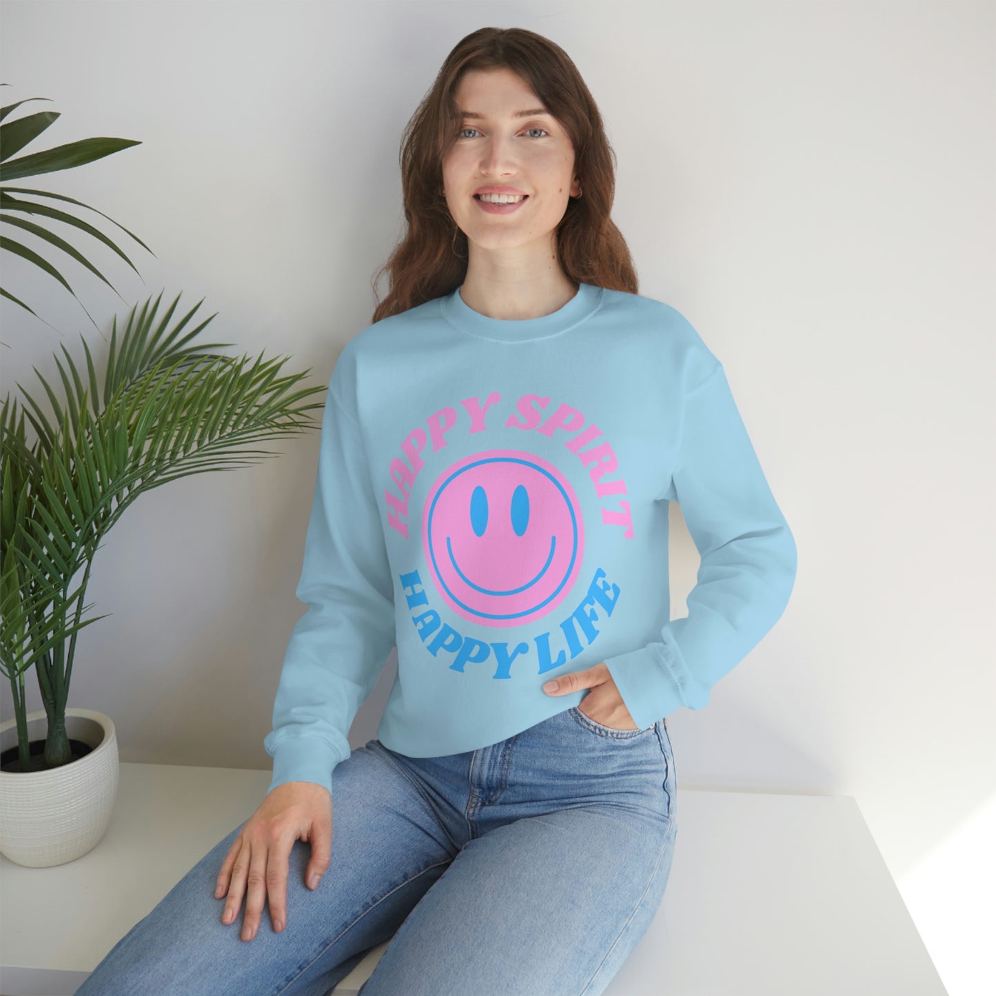 Happy Spirit Happy Life Sweatshirt, VSCO Girl Crewneck, Oversized Retro Font Graphic Tumblr, Front Print Smile Face Trendy Cover Up