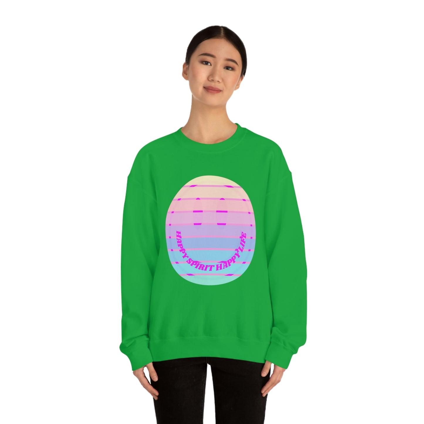 Happy Spirit Happy Life Sweatshirt, VSCO Girl Crewneck, Oversized Retro Font Graphic Tumblr, Front Print Smile Face Trendy Cover Up