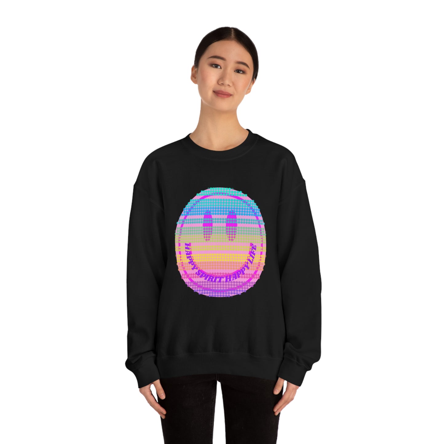 Happy Spirit Happy Life Sweatshirt, VSCO Girl Crewneck, Oversized Retro Font Graphic Tumblr, Front Print Smile Face Trendy Cover Up