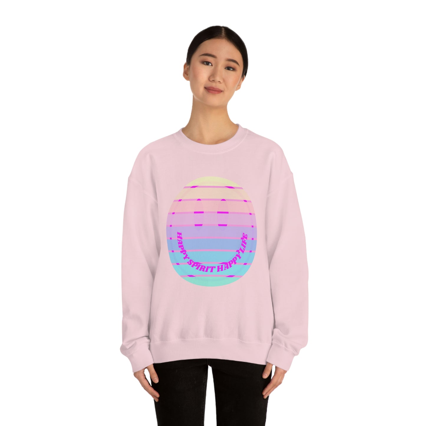 Happy Spirit Happy Life Sweatshirt, VSCO Girl Crewneck, Oversized Retro Font Graphic Tumblr, Front Print Smile Face Trendy Cover Up