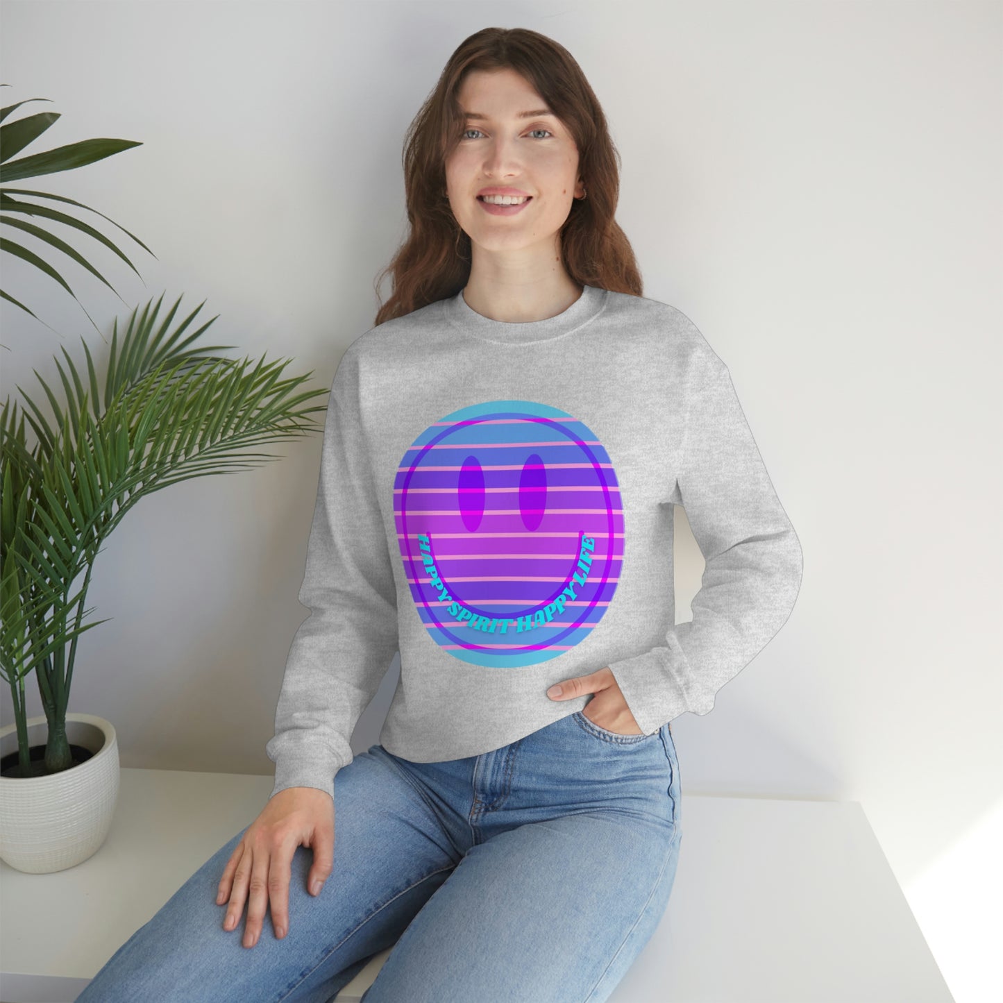 Happy Spirit Happy Life Sweatshirt, VSCO Girl Crewneck, Oversized Retro Font Graphic Tumblr, Front Print Smile Face Trendy Cover Up