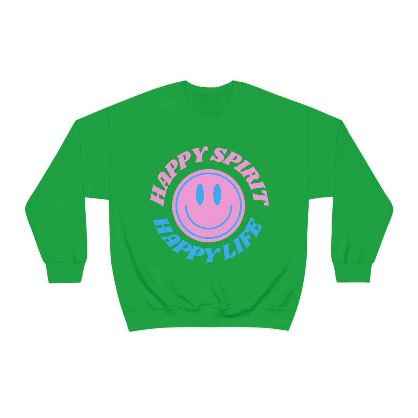 Happy Spirit Happy Life Sweatshirt, VSCO Girl Crewneck, Oversized Retro Font Graphic Tumblr, Front Print Smile Face Trendy Cover Up