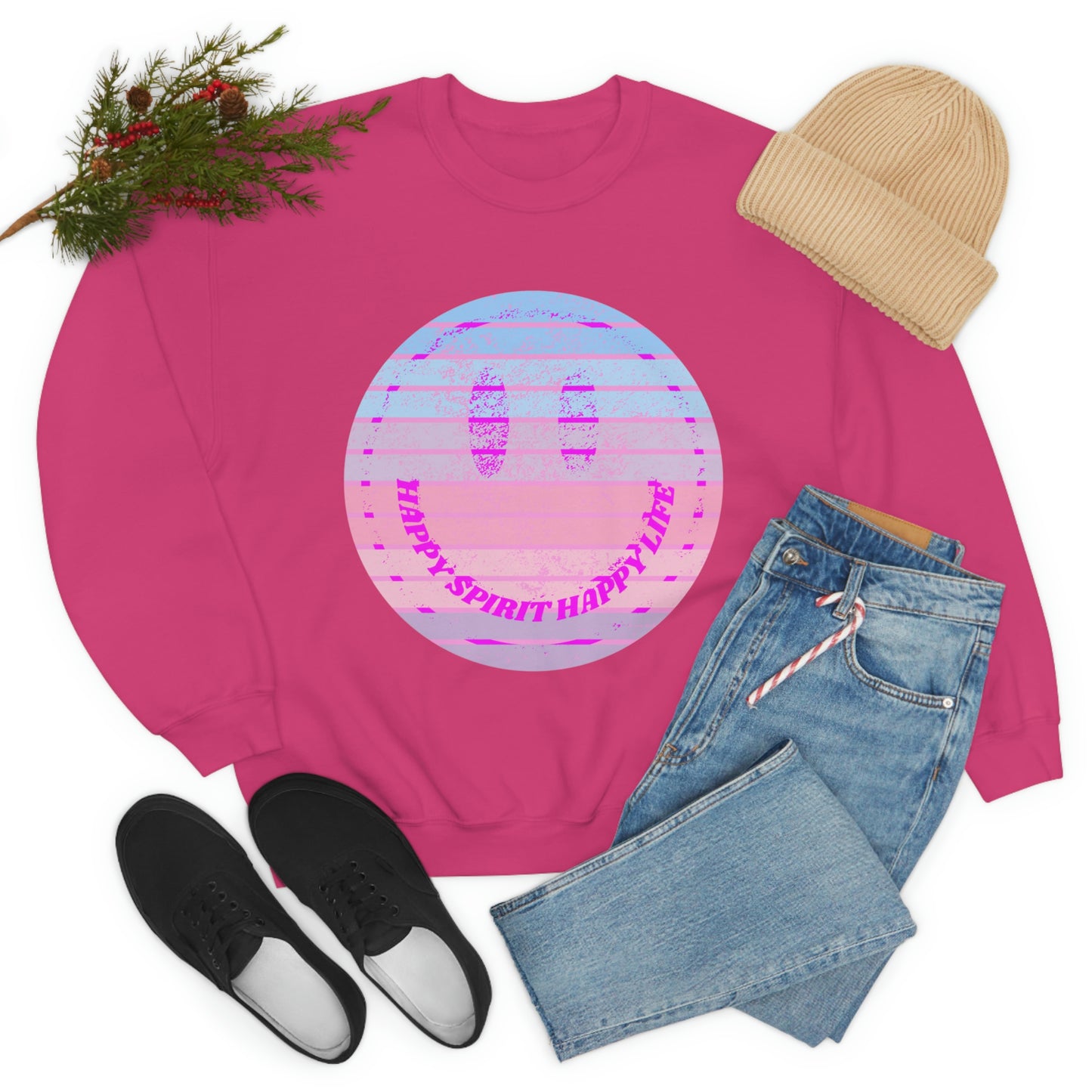 Happy Spirit Happy Life Sweatshirt, VSCO Girl Crewneck, Oversized Retro Font Graphic Tumblr, Front Print Smile Face Trendy Cover Up