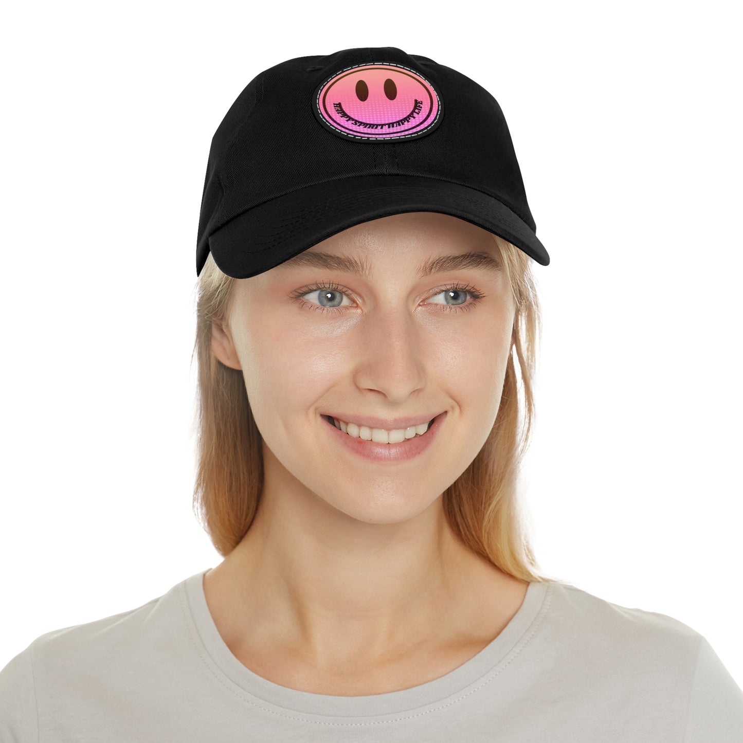 Aesthetic Pink Smile Hat, Pink Twill Dad Hat with Leather Patch (Round), Pink Golf Hat, Pink Twill Cap, Pink Cotton Hat, Pink Baseball Hat