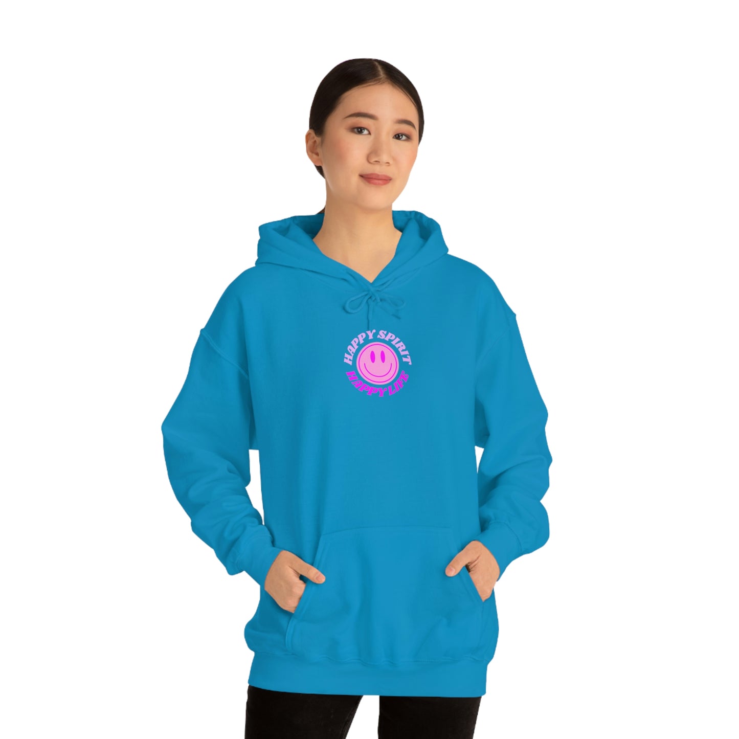 Happy Spirit Happy Life Hoodie Gildan VSCO Girl Sweatshirt, Oversized Tumblr Front Back Print Smile Happy Mind Trendy Retro Font Cover Up