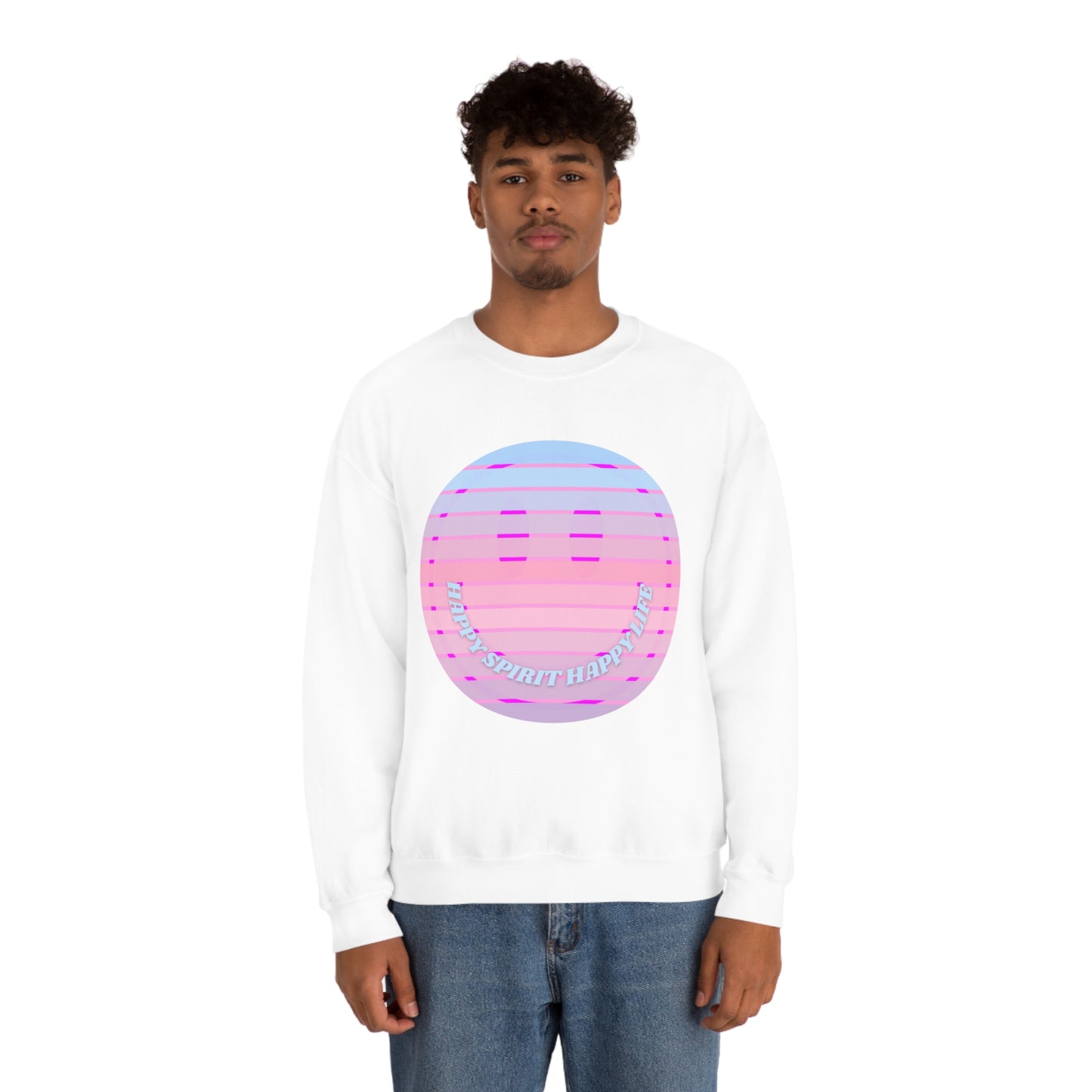 Happy Spirit Happy Life Sweatshirt, VSCO Girl Crewneck, Oversized Retro Font Graphic Tumblr, Front Print Smile Face Trendy Cover Up