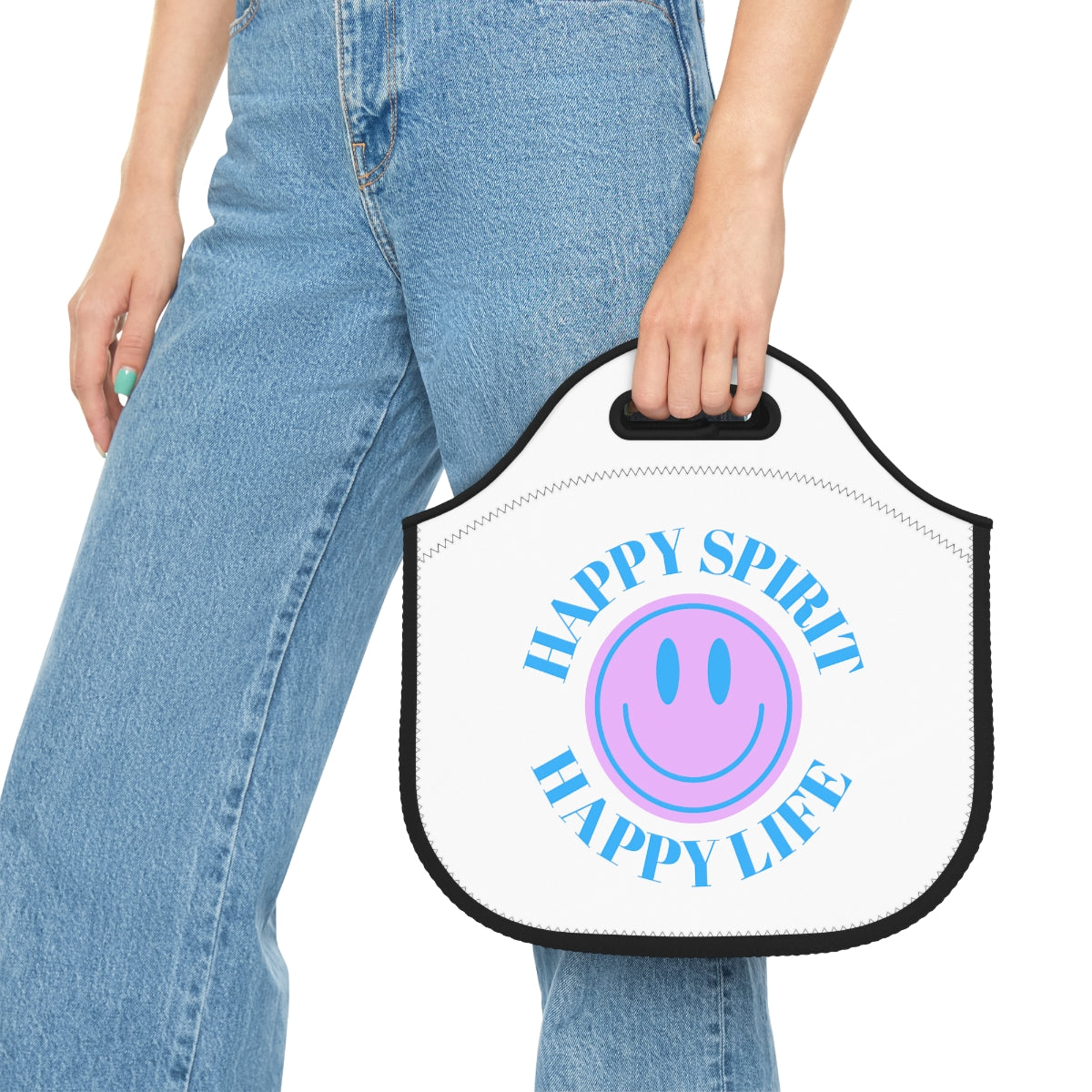 Happy Spirit Happy Life Lunch Bag, White Purple Lavender Happy Mind Neoprene Lunch Bag, Smile Travel Cooler, VSCO Girl, Tumblr Aesthetic