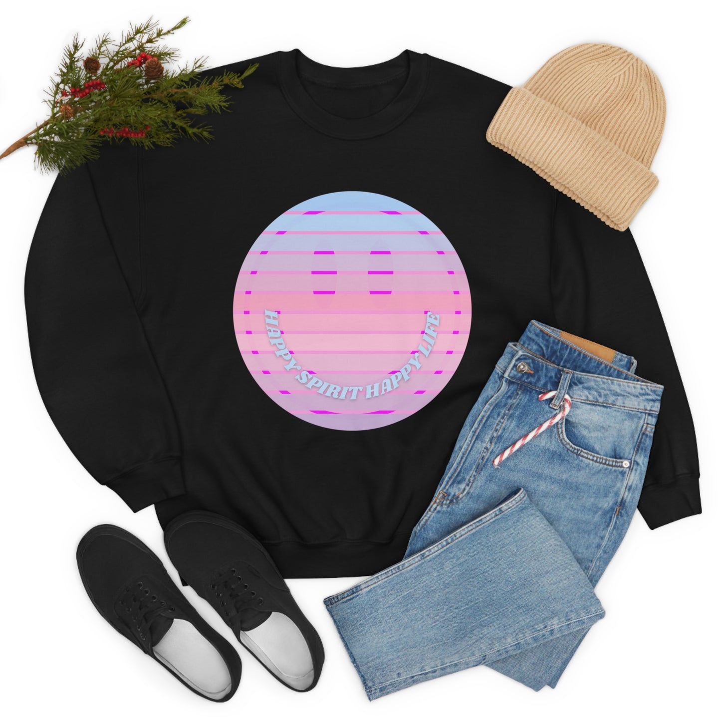 Happy Spirit Happy Life Sweatshirt, VSCO Girl Crewneck, Oversized Retro Font Graphic Tumblr, Front Print Smile Face Trendy Cover Up