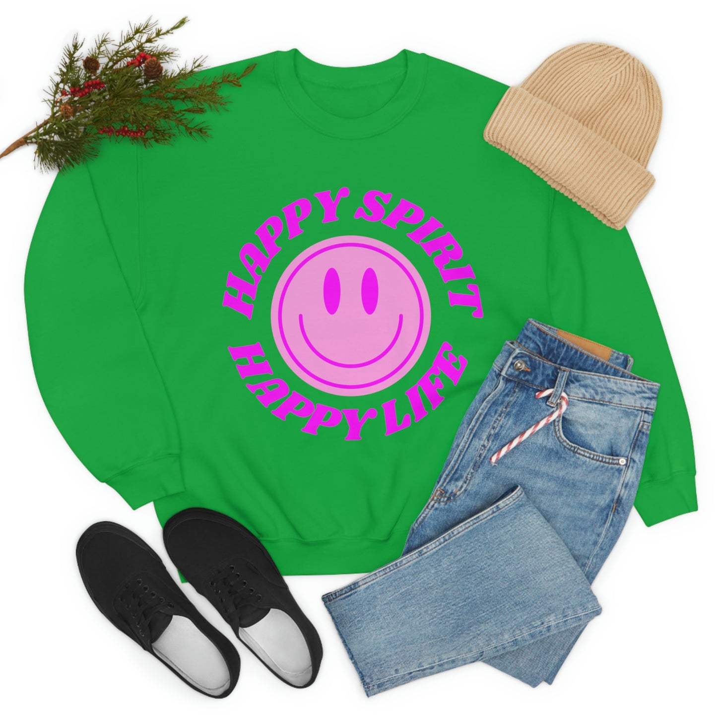 Happy Spirit Happy Life Sweatshirt, VSCO Girl Crewneck, Oversized Retro Font Graphic Tumblr, Front Print Smile Face Trendy Cover Up