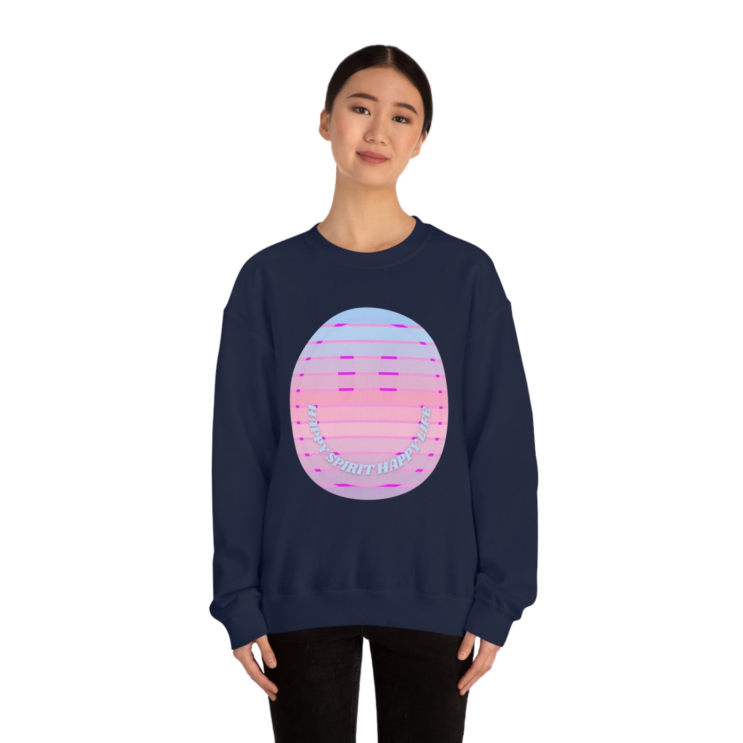 Happy Spirit Happy Life Sweatshirt, VSCO Girl Crewneck, Oversized Retro Font Graphic Tumblr, Front Print Smile Face Trendy Cover Up