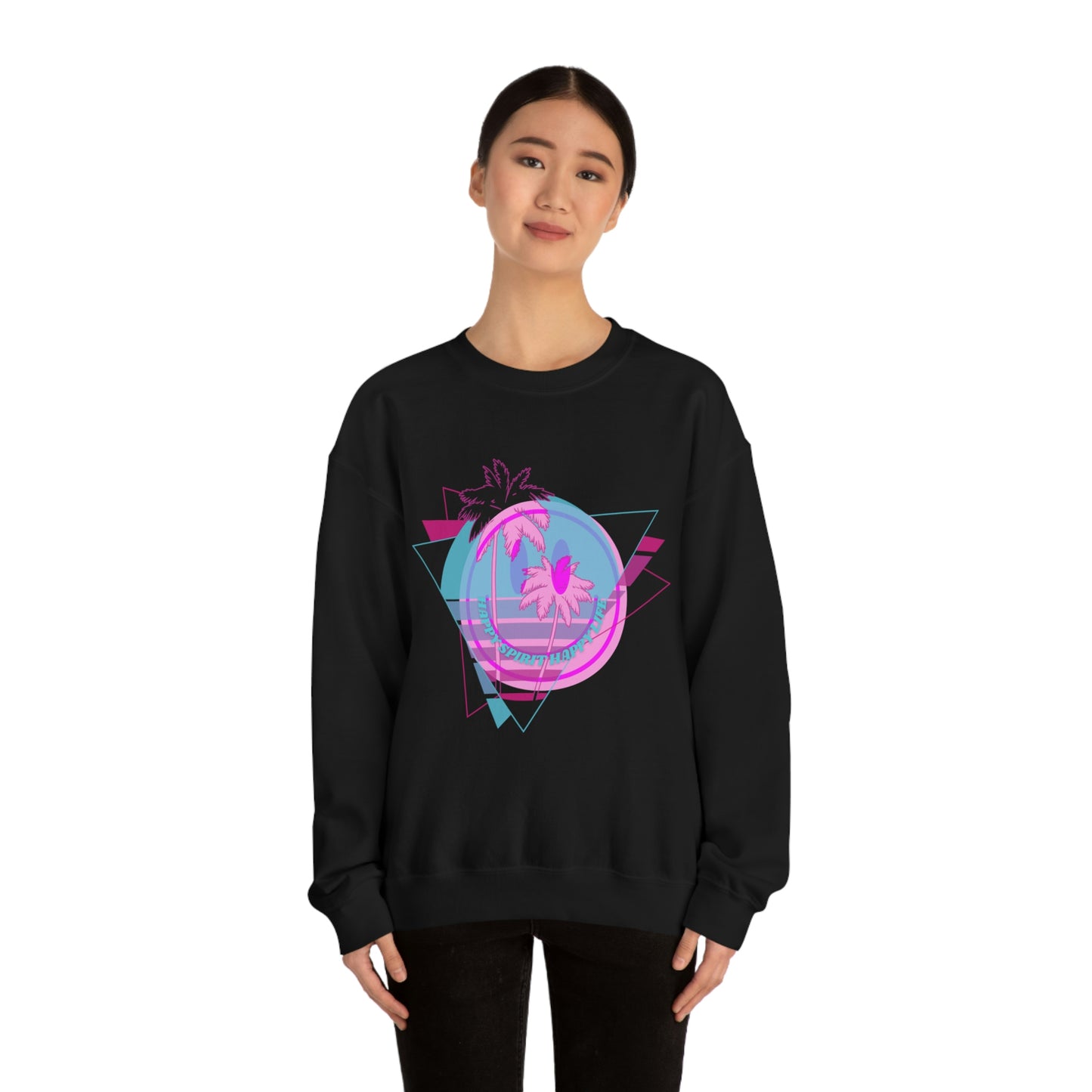 Happy Spirit Happy Life Sweatshirt, VSCO Girl Crewneck, Oversized Retro Font Graphic Tumblr, Front Print Smile Face Trendy Cover Up
