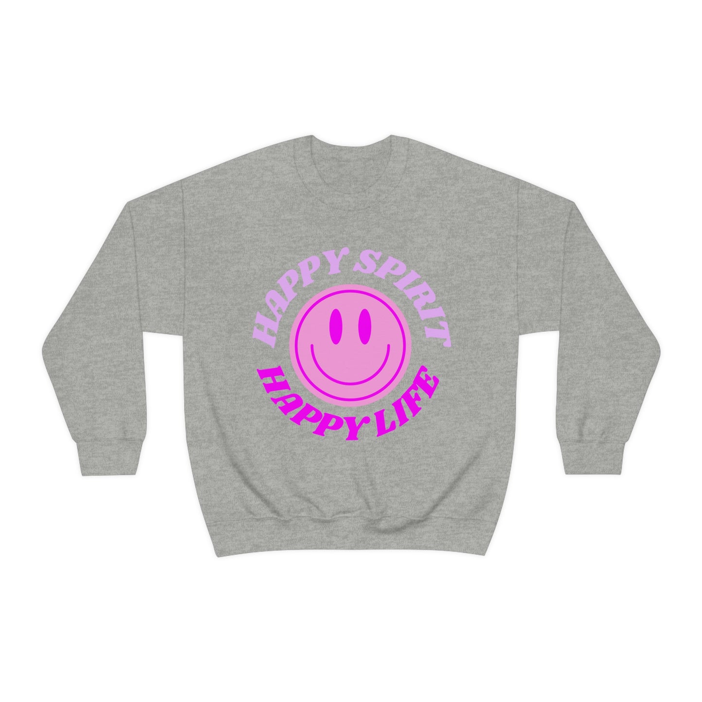 Happy Spirit Happy Life Sweatshirt, VSCO Girl Crewneck, Oversized Retro Font Graphic Tumblr, Front Print Smile Face Trendy Cover Up